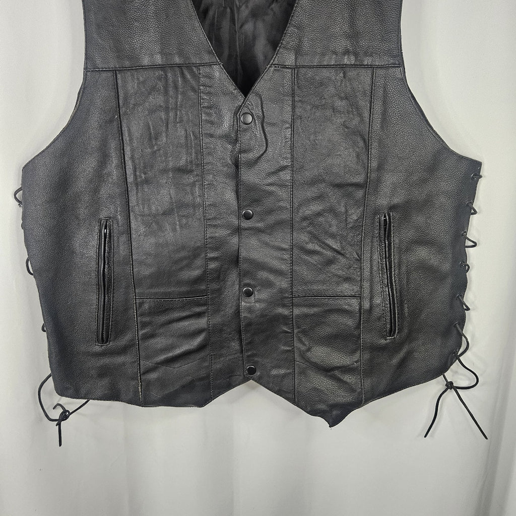 Jafrum Motorcycle Biker Black Leather Vest Side Laces Mens XL Inner Zip Pockets