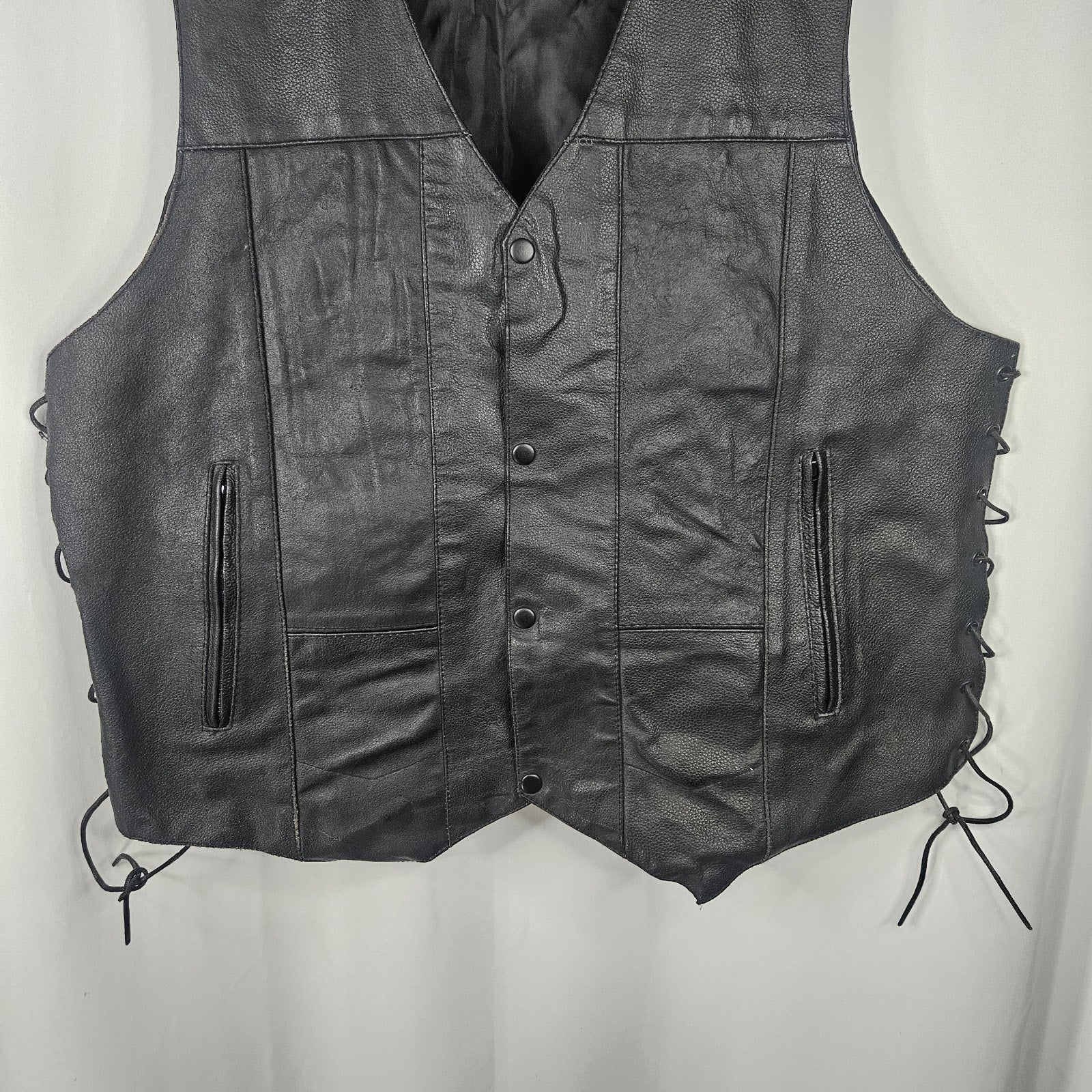 Jafrum Motorcycle Biker Black Leather Vest Side Laces Mens XL Inner Zip Pockets