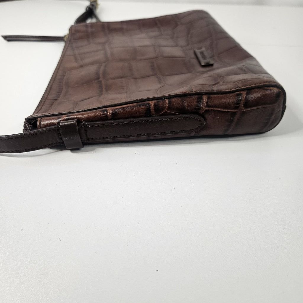 Vintage FOSSIL Croc Embossed Brown Leather Shoulder Crossbody - 10 x 8"