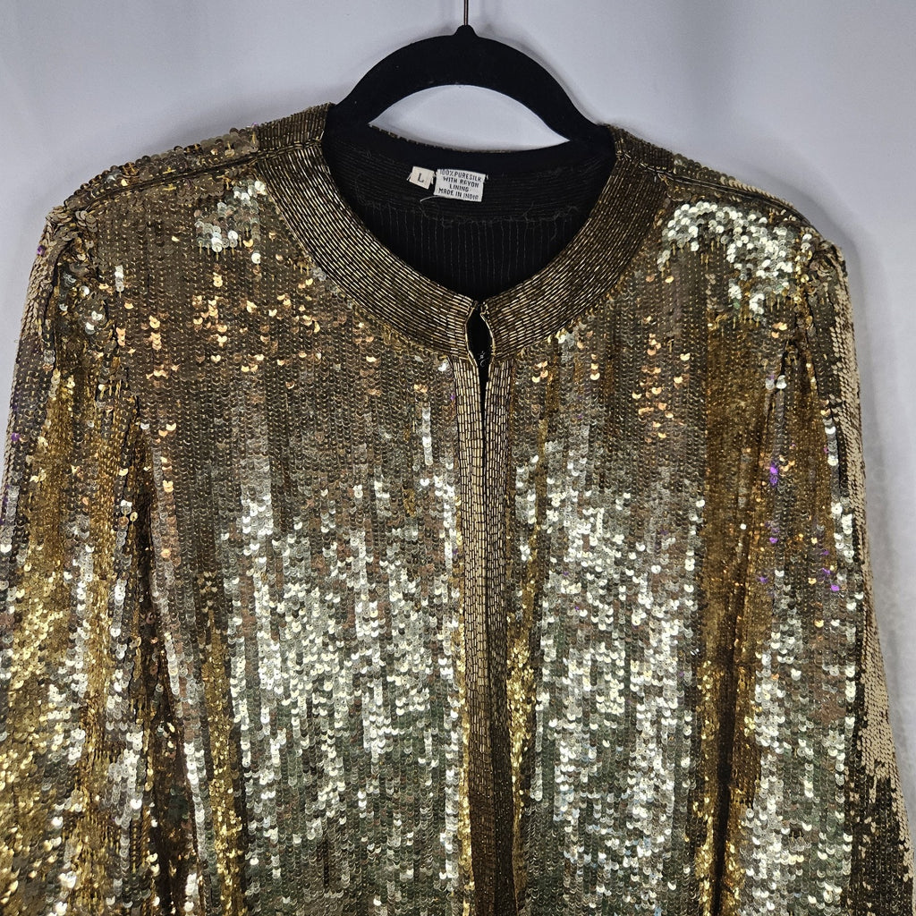 Vtg 80s Silk Gold Sequin Beaded Blazer Disco Glam Women Evening Jacket Festival