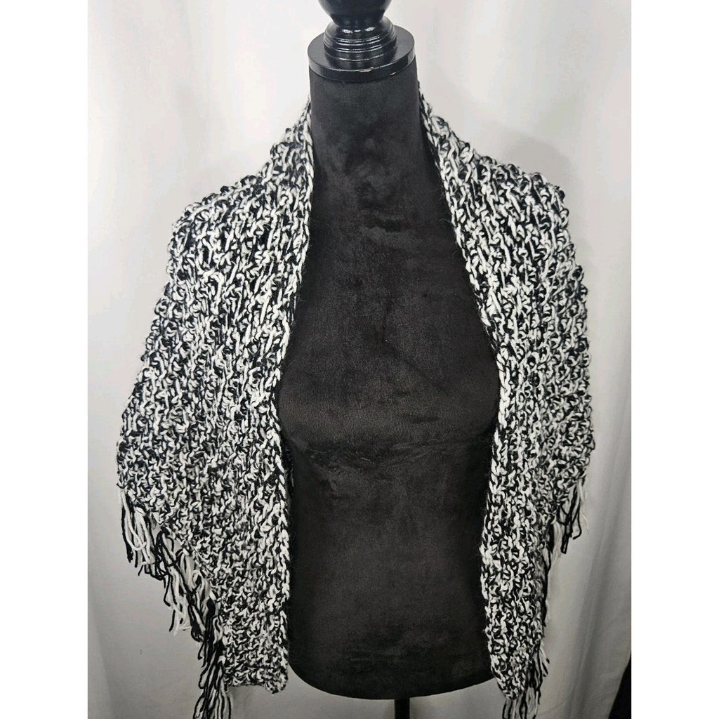 Handmade Knit Sweater Cape One Size Black White Open Front Draped Fringe Hippie