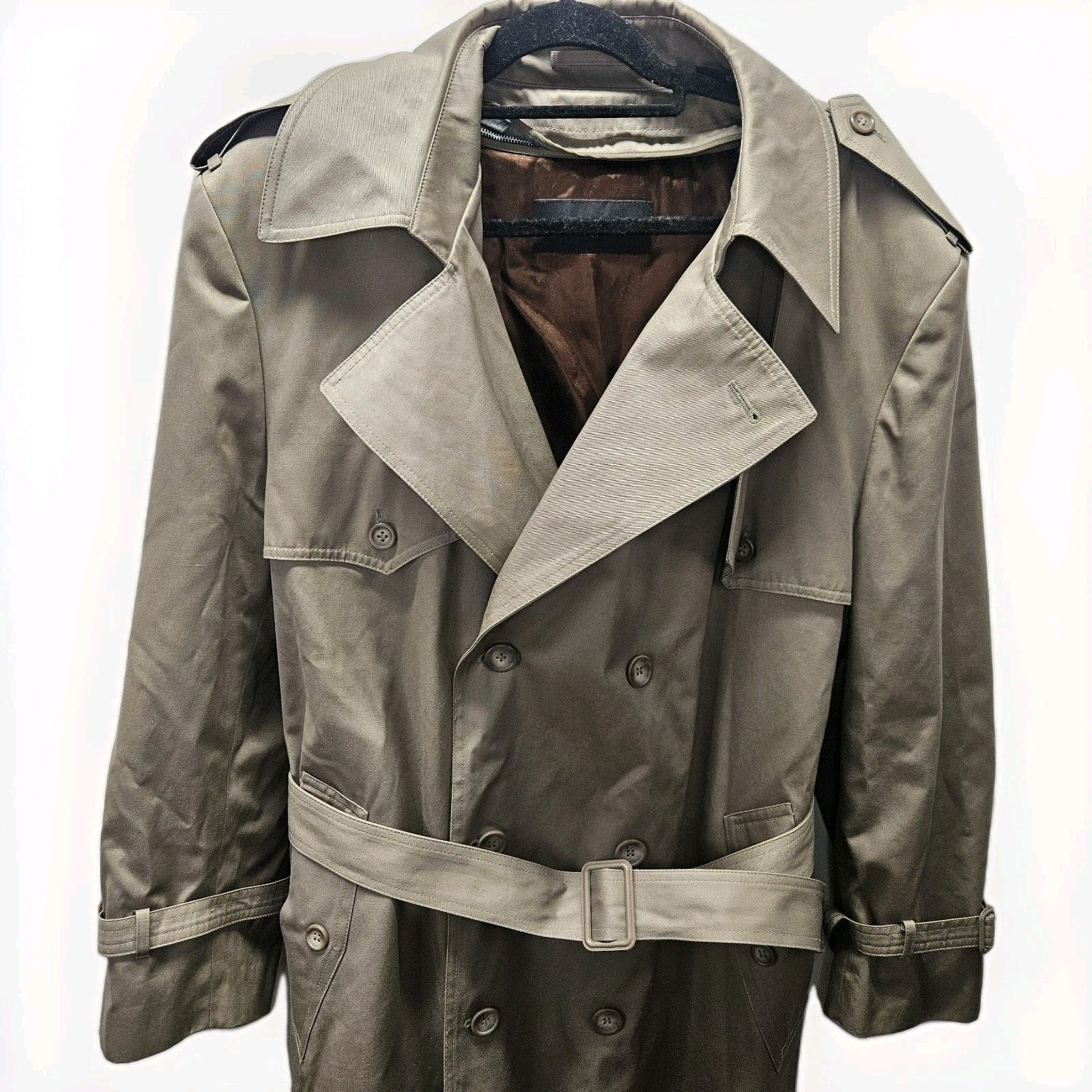 Vtg Charles Klein Solid Brown Mens Double Breasted Trench Coat Sz 46R Retro