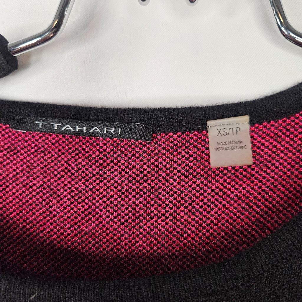 Tahari Women’s Knit Short Puff Sleeve Sweater Pink Floral Black Size XS