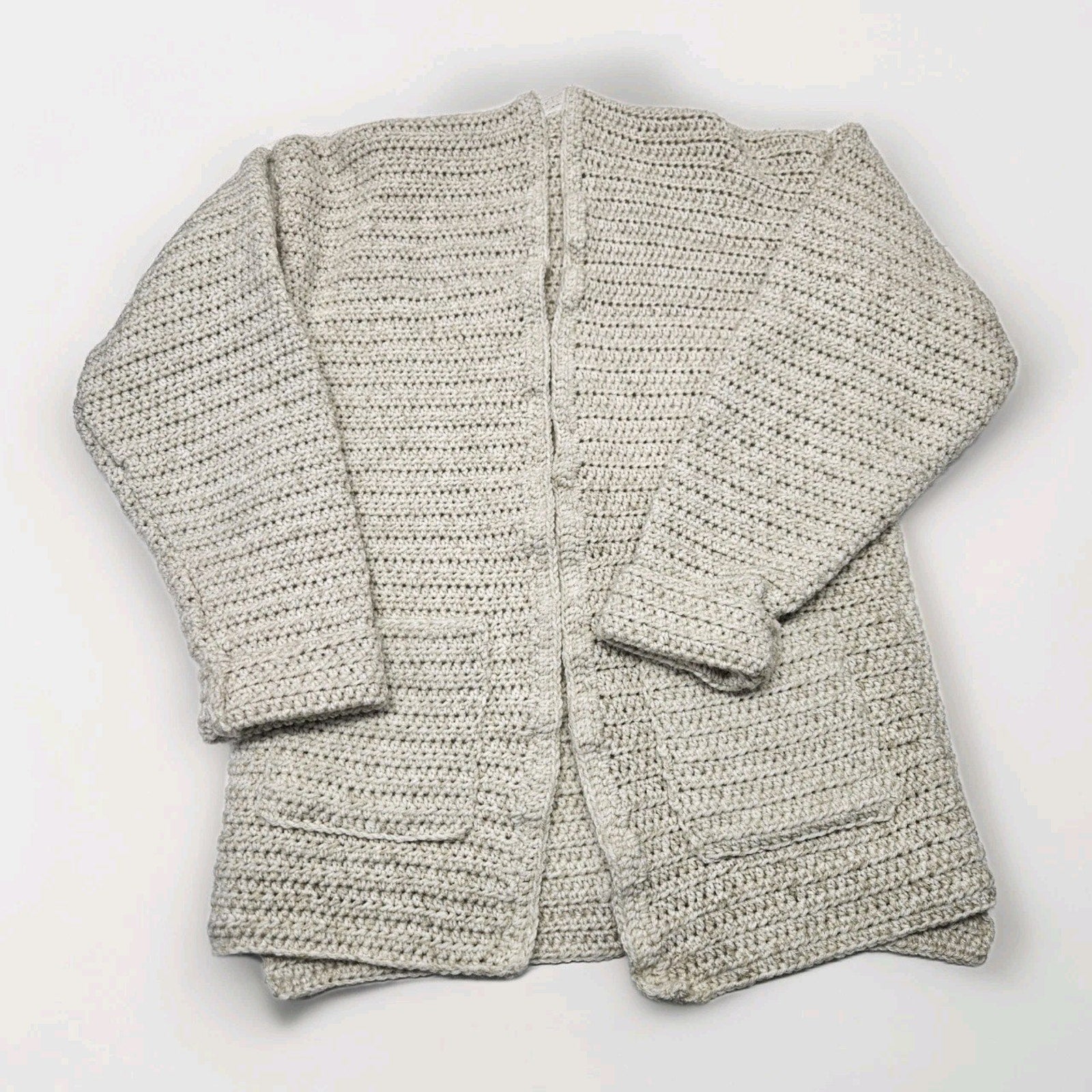 Handmade Knitted Crochet Beige Oversized Open Cardigan Large Boho Cozy Pockets