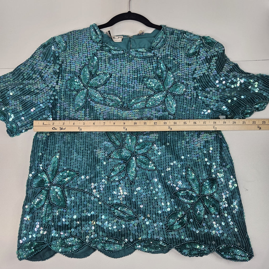 Sequin Beaded Silk Top 90s Vintage Teal Green Blouse Gatsby Glam Party Large