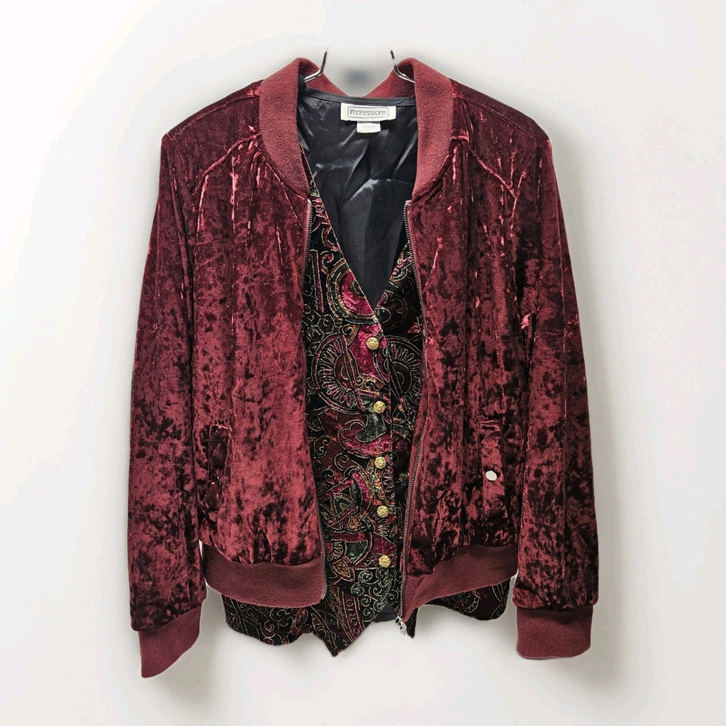 Ashley Outerwear Burgundy Crushed Velvet Bomber Jacket Women's Size Large