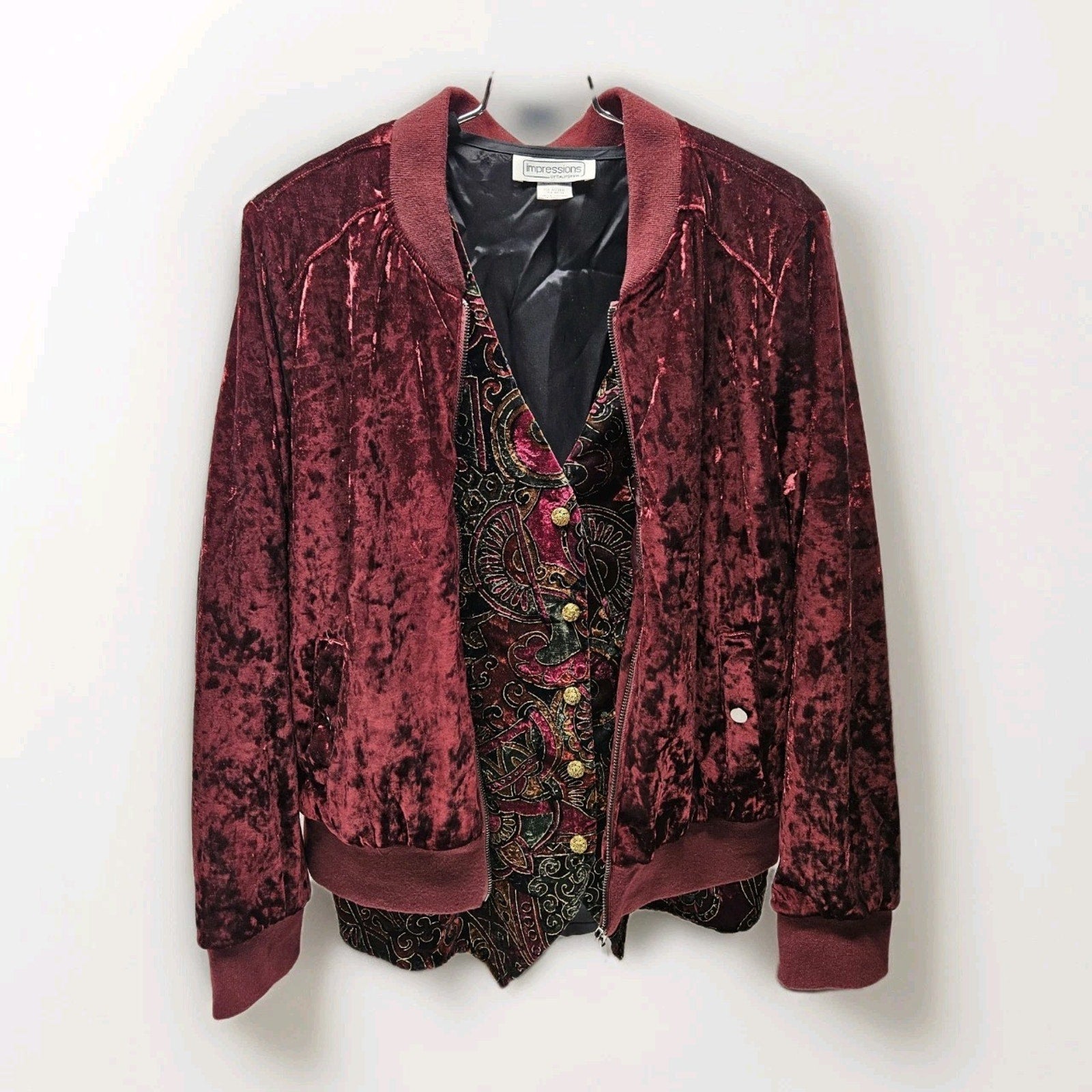 Ashley Outerwear Burgundy Crushed Velvet Bomber Jacket Women's Size Large