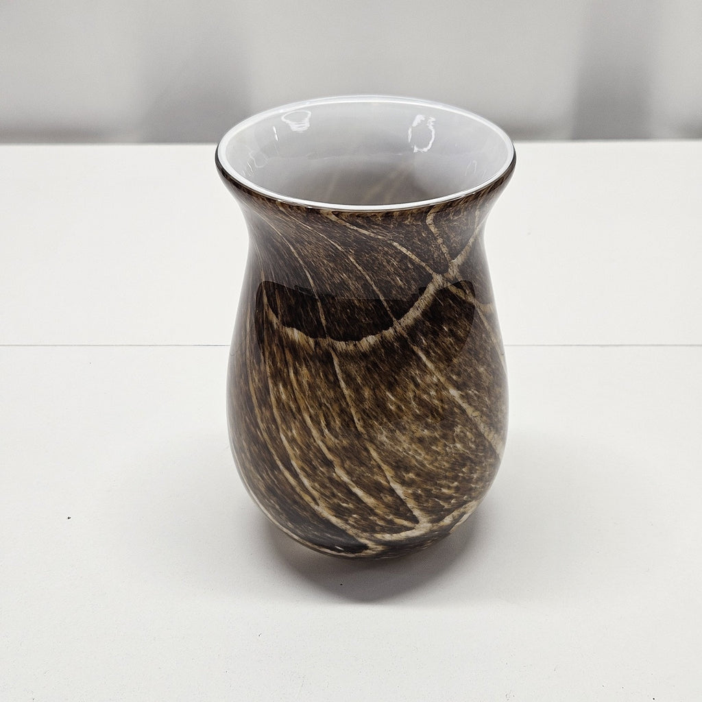 Vtg MURANO STYLE GLASS 6.5" VASE Speckled Gold & Brown White Stripes Earthy