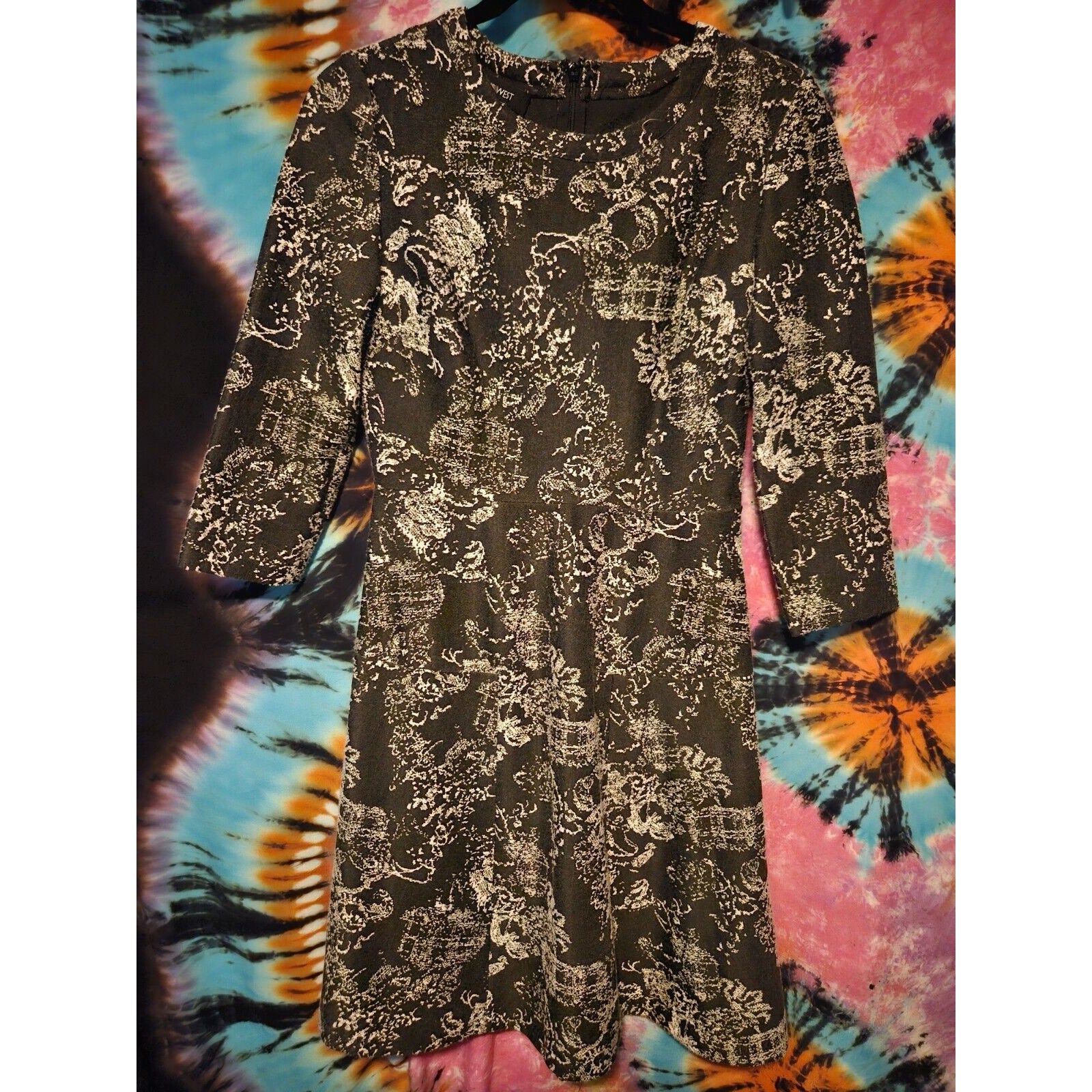Nine West Women's Black White Fit & Flare Dress Stretch Textured 3/4 Sleeve Sz 4