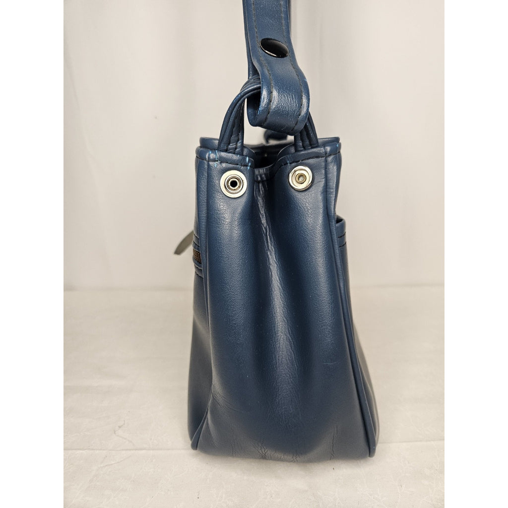 Vintage 70s Handmade Blue Leather Tote Handbag Purse Shoulder Bag Classic