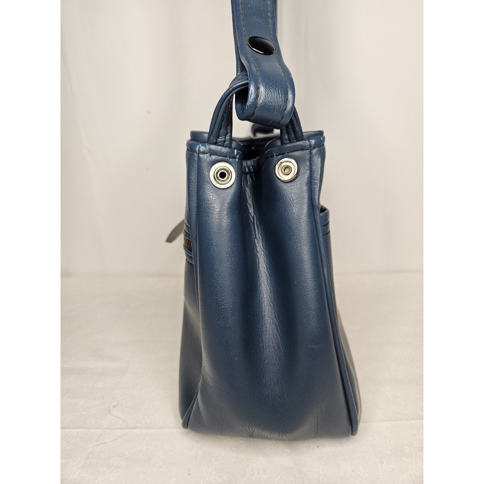 Vintage 70s Handmade Blue Leather Tote Handbag Purse Shoulder Bag Classic