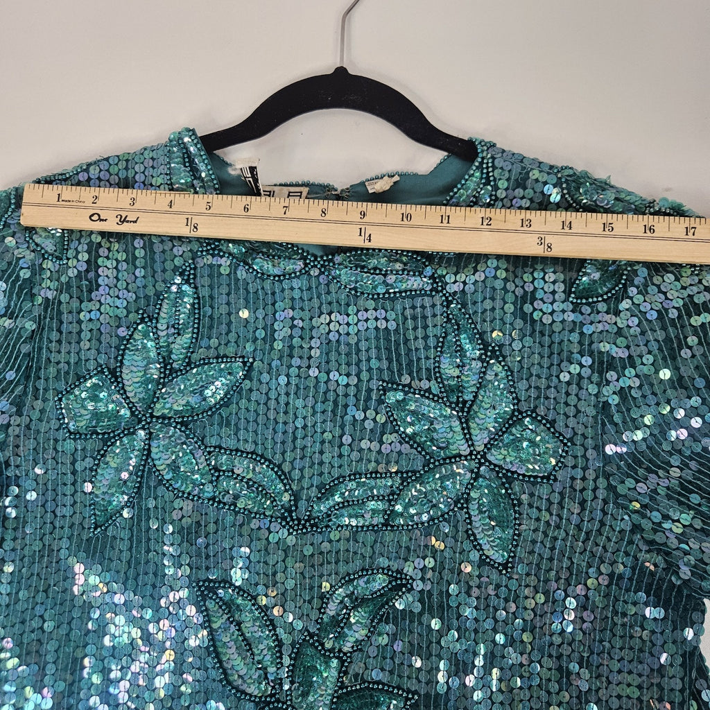 Sequin Beaded Silk Top 90s Vintage Teal Green Blouse Gatsby Glam Party Large