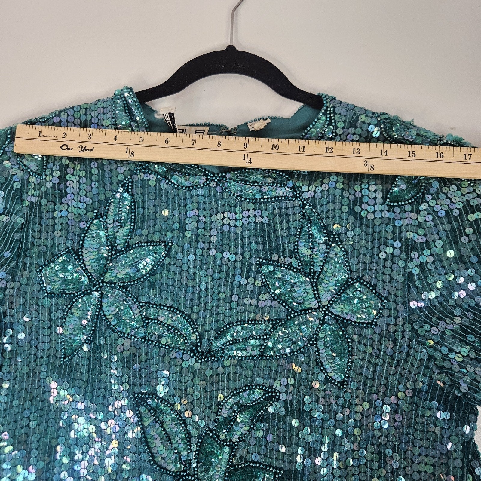 Sequin Beaded Silk Top 90s Vintage Teal Green Blouse Gatsby Glam Party Large