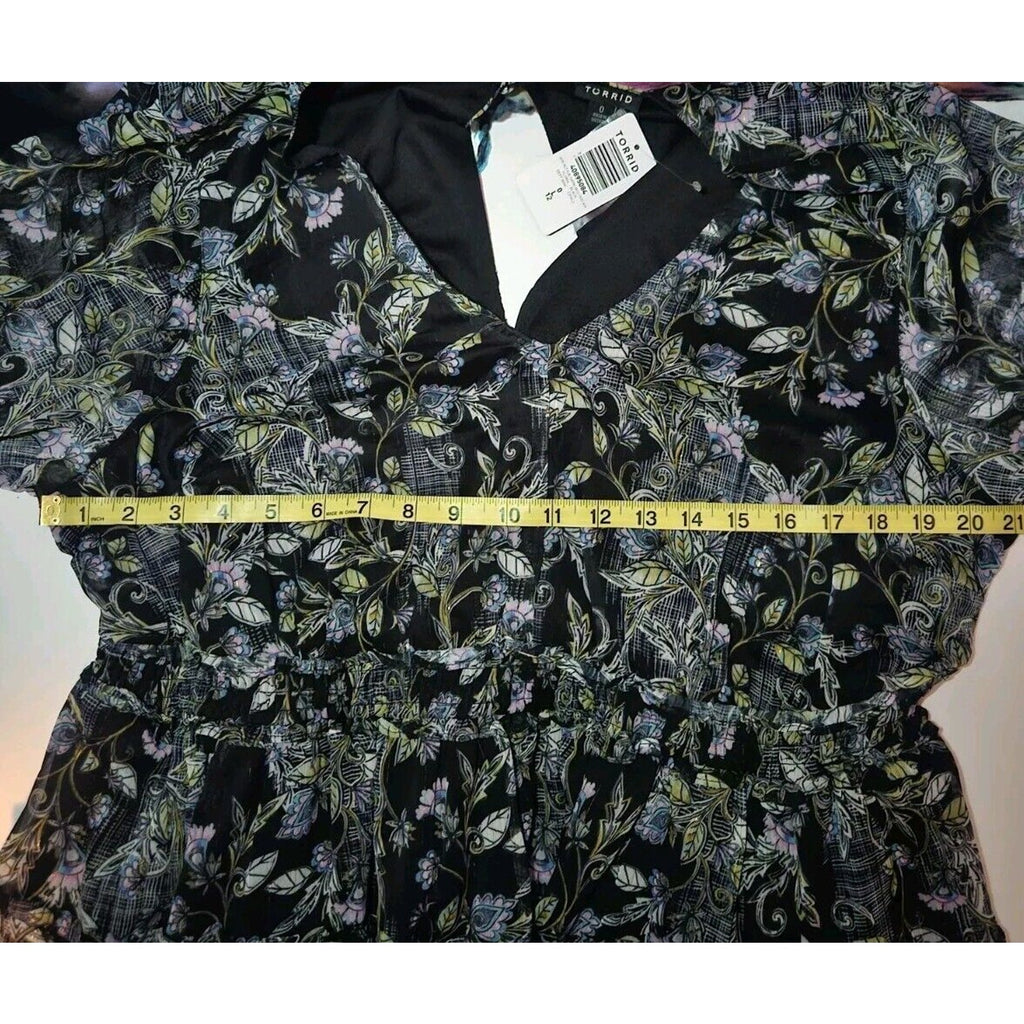 Torrid Mini Chiffon Tiered Dress Black Floral w/Gold Threads Sz 0 Lg 14 Pockets