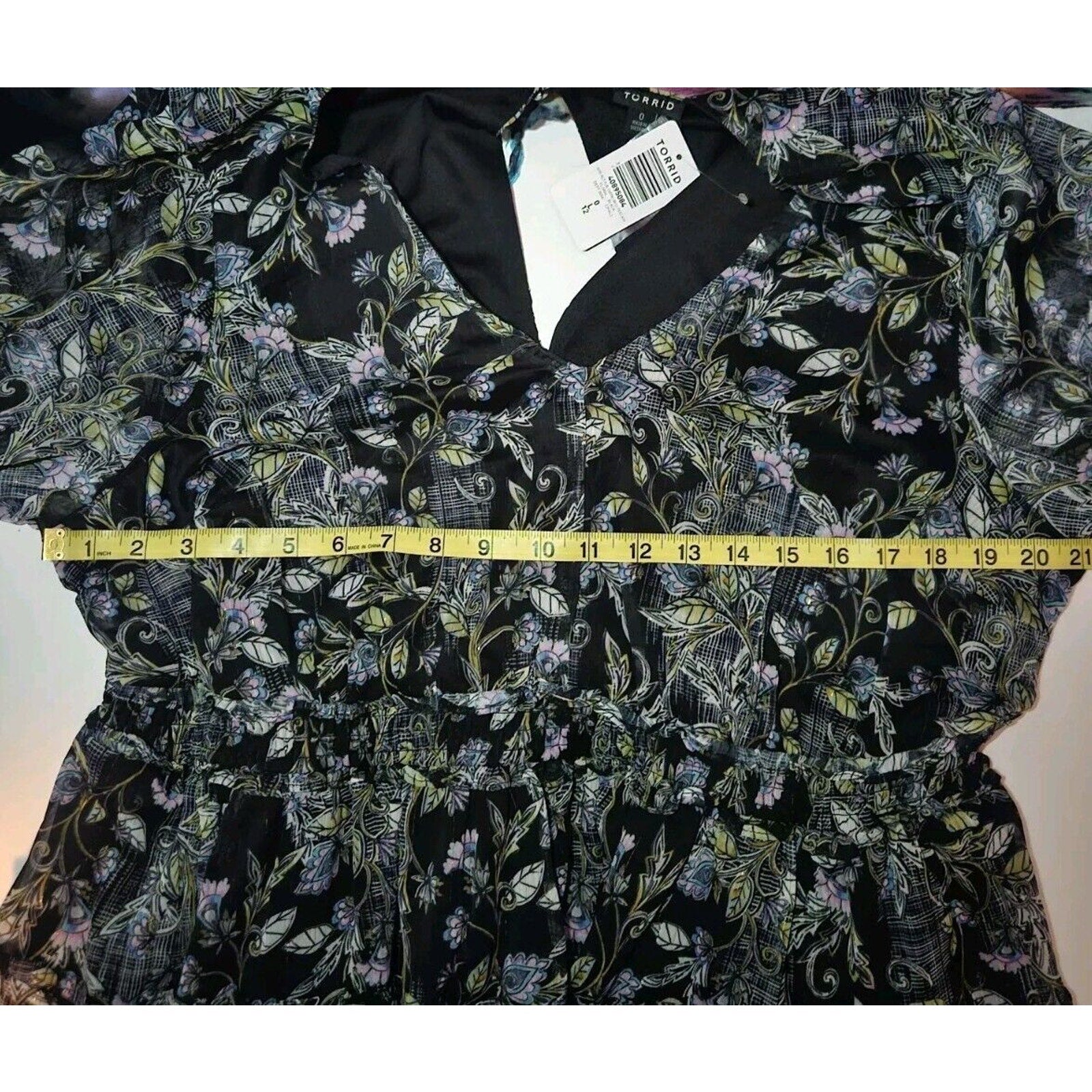 Torrid Mini Chiffon Tiered Dress Black Floral w/Gold Threads Sz 0 Lg 14 Pockets