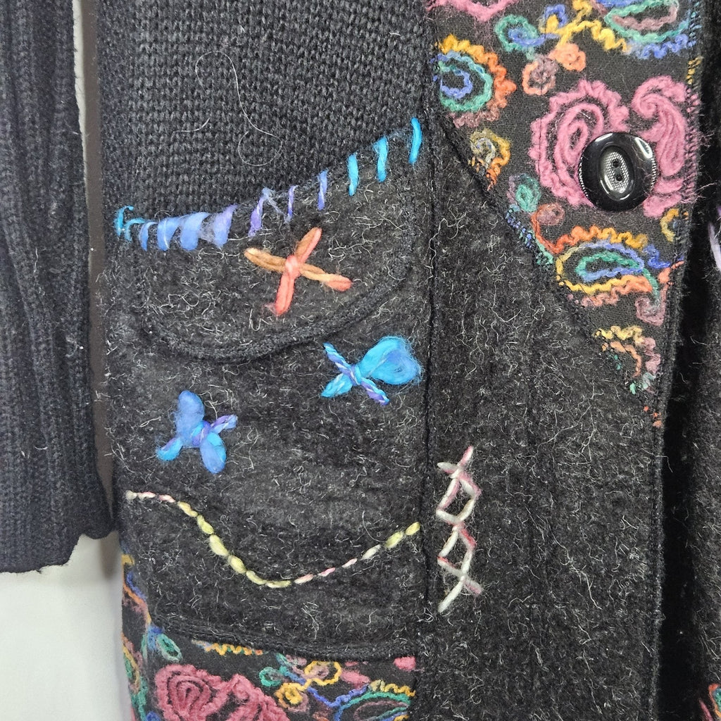 Liquid By Sioni Black Knit Wearable Art Wool Mohair Sweater Cardigan Boho Medium