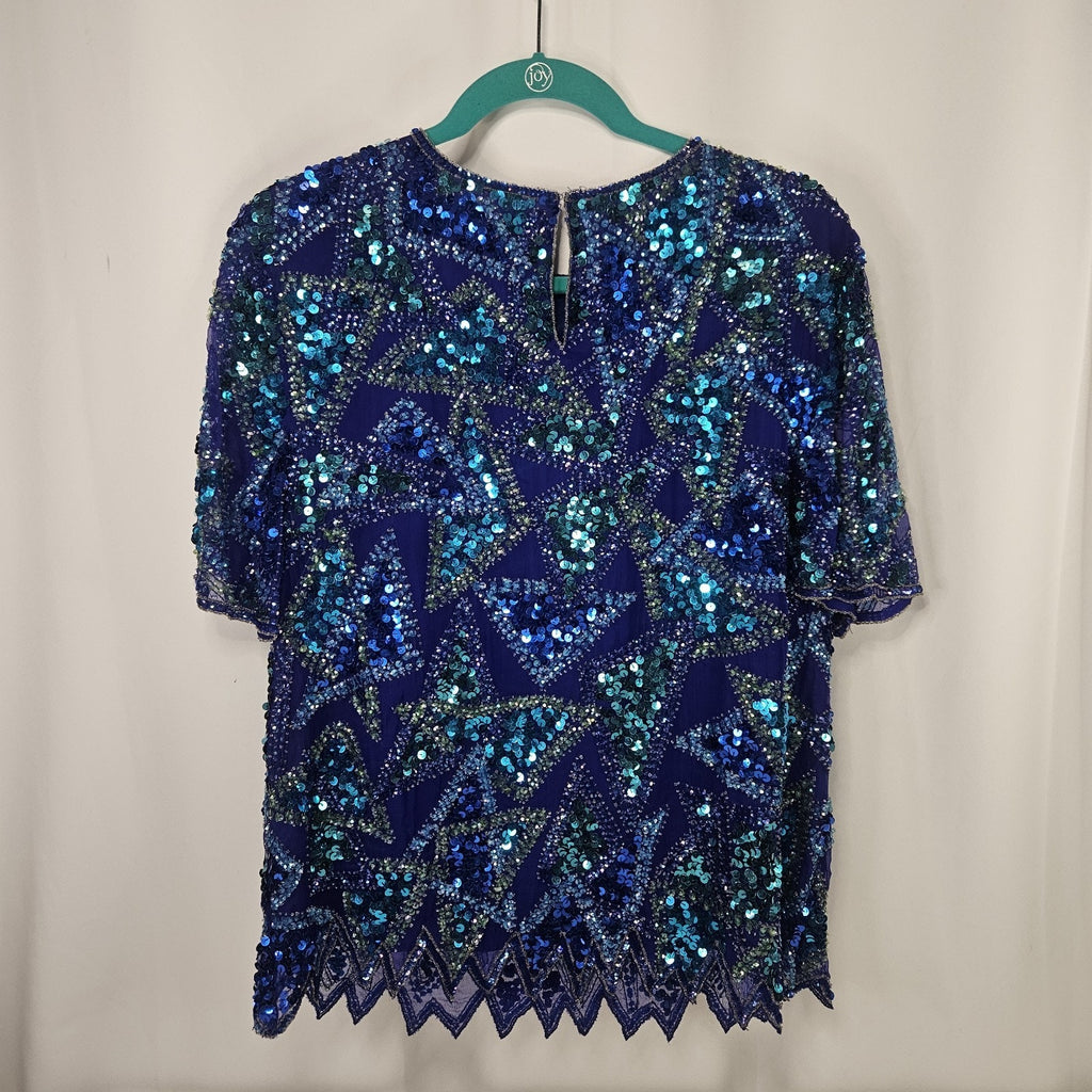 Sequin Beaded Silk Top 90s Vintage Blue Green Blouse Gatsby Glam Party Large