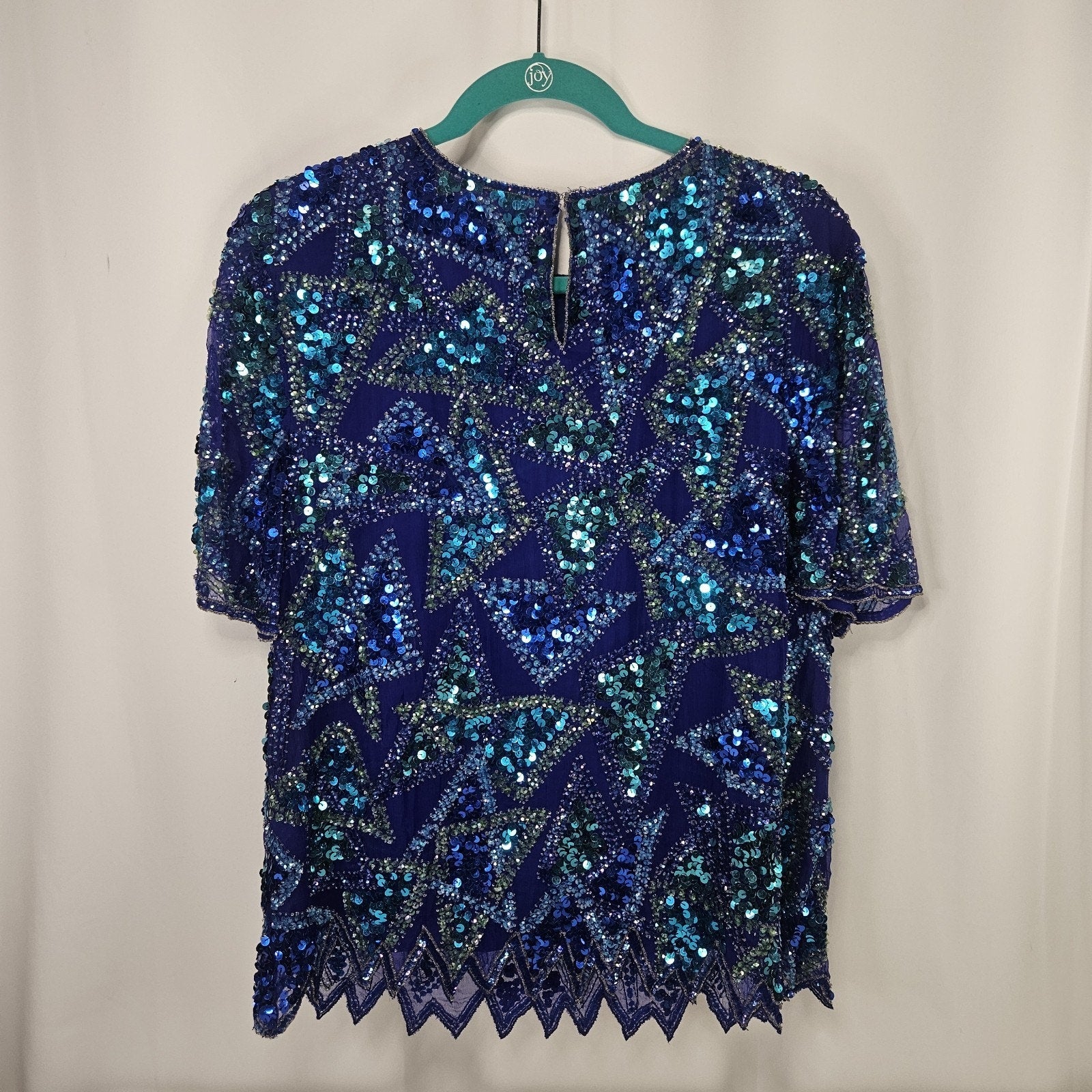 Sequin Beaded Silk Top 90s Vintage Blue Green Blouse Gatsby Glam Party Large