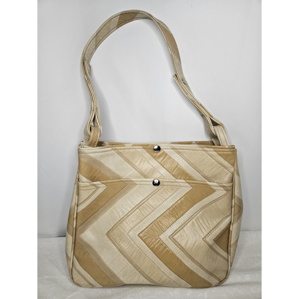 Vintage 70s Handmade Cream Tan Leather Tote Handbag Purse Shoulder Bag Chevron