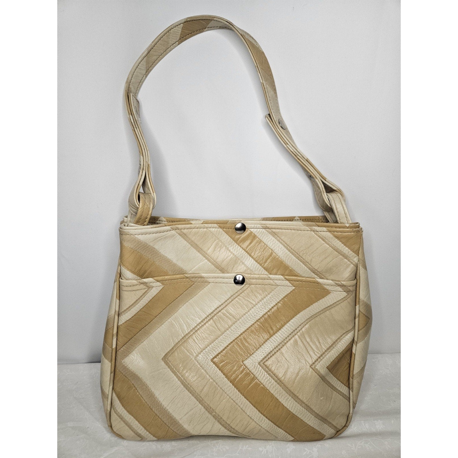 Vintage 70s Handmade Cream Tan Leather Tote Handbag Purse Shoulder Bag Chevron