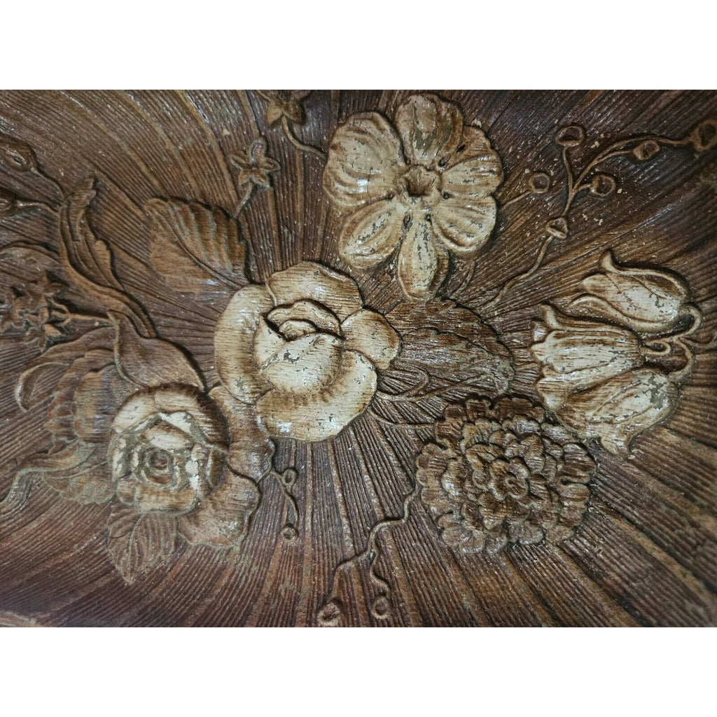 Vintage Multi Products Inc Brown Resin Faux Wood Tray Carved Flowers USA