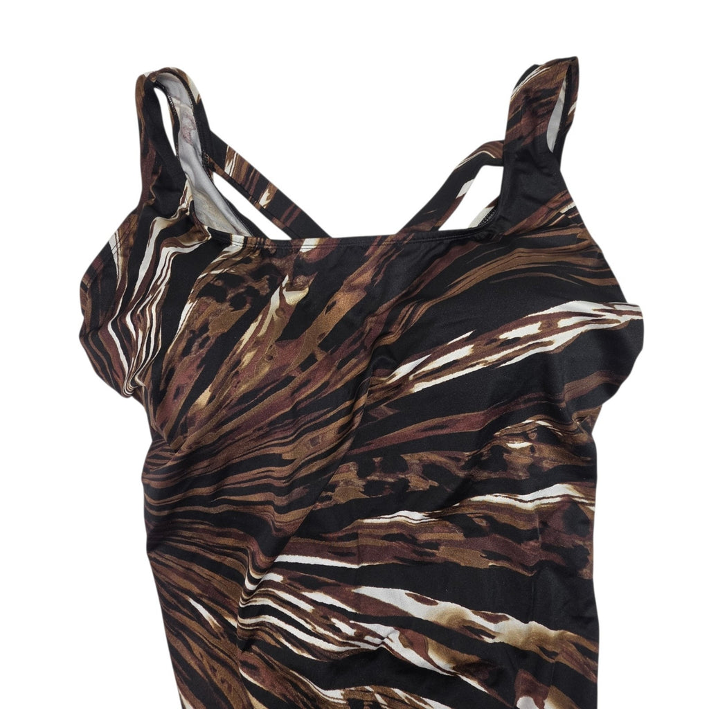 NEW Longitude 24W Brown Black Abstract Retro One Piece Swimsuit Plus V-neck
