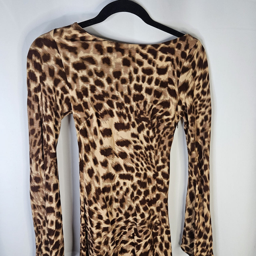 Princess Polly Halo Bias Cut Leopard Print Long Sleeve Mini Dress US 4 Small