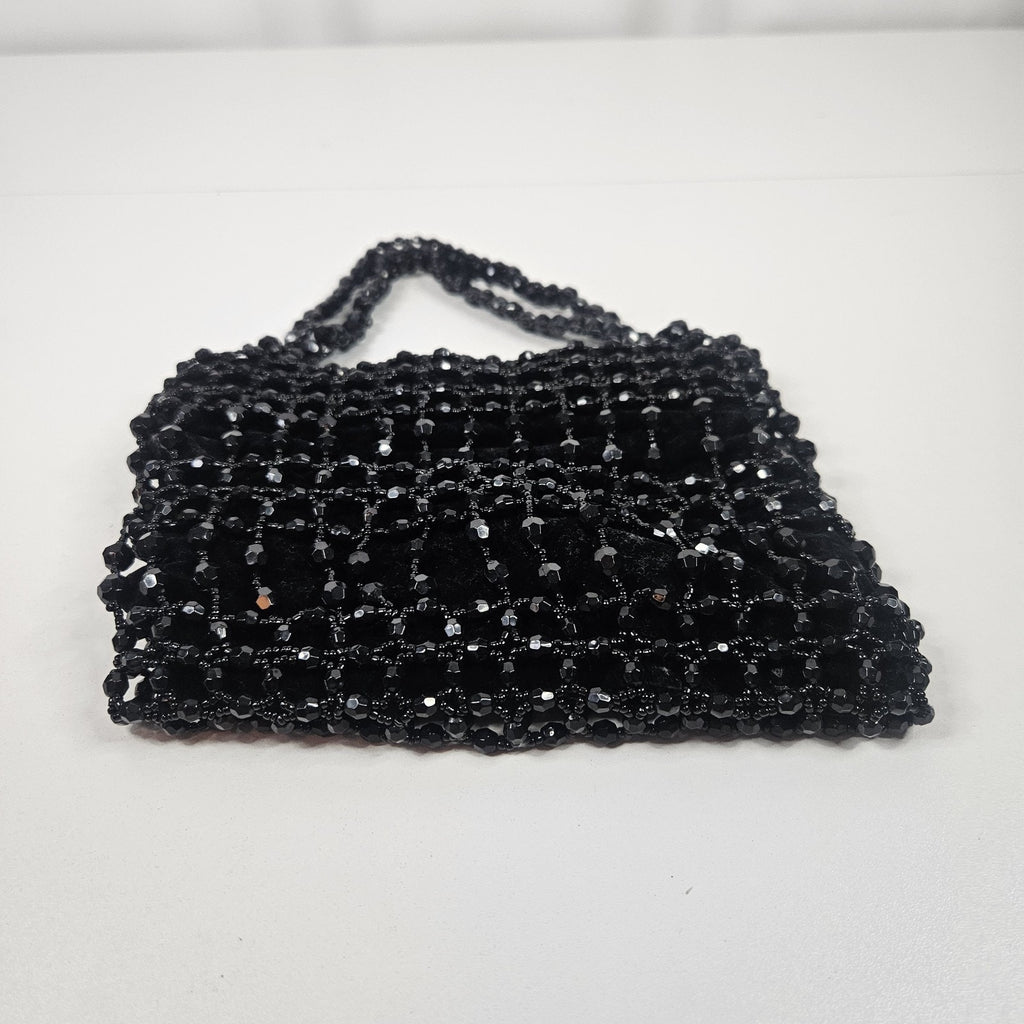 Vtg Black Beaded Drawstring Evening Bag Prom Formal 20s Flapper Accessory Purse