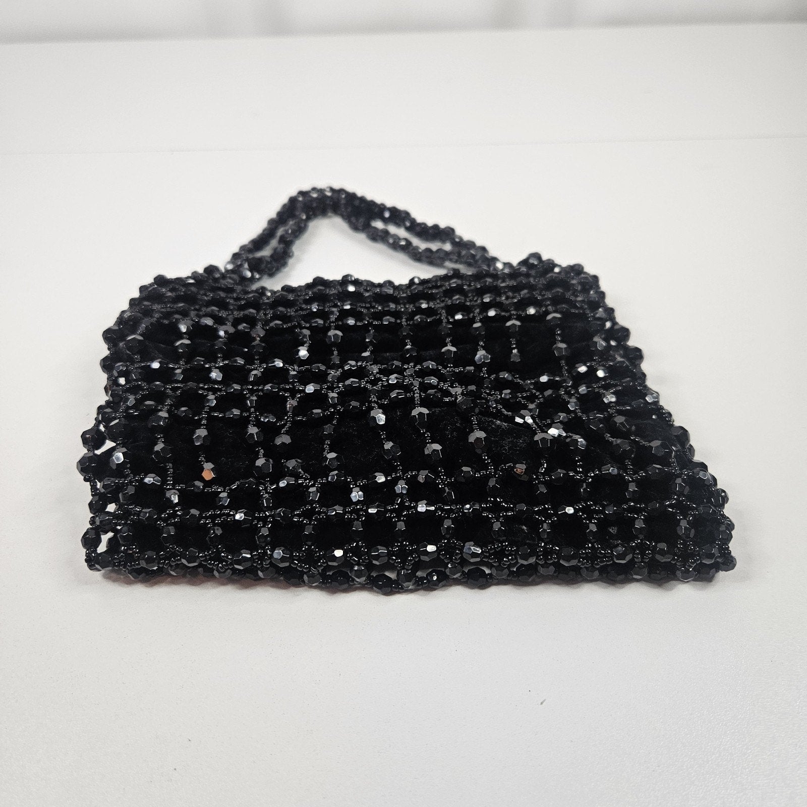 Vtg Black Beaded Drawstring Evening Bag Prom Formal 20s Flapper Accessory Purse