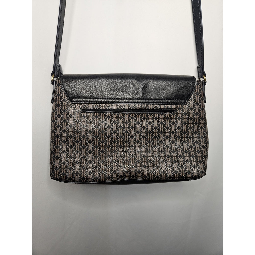 Fossil Black & Logo Pattern Crossbody Bag With Gold Hardware And Adjustable Stra