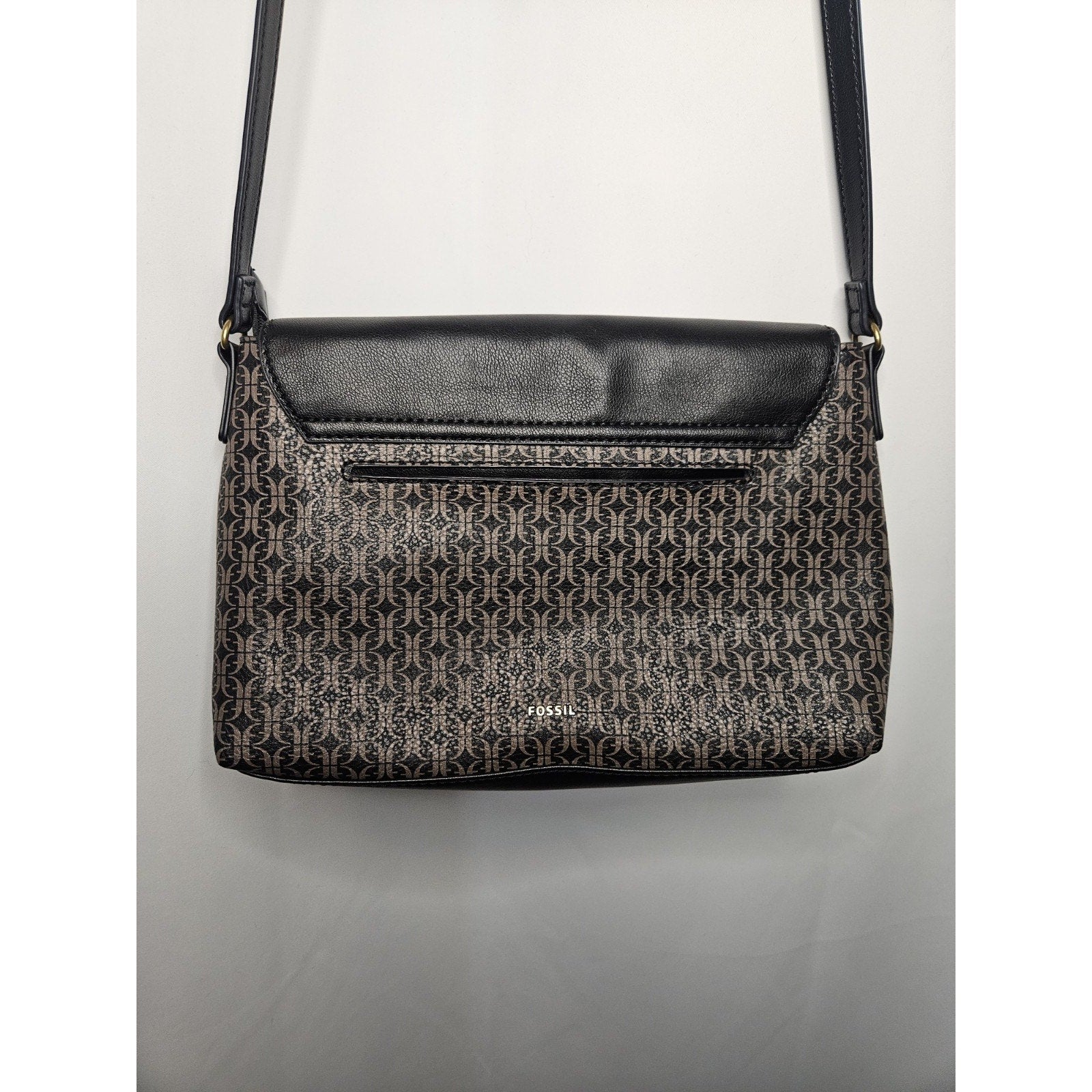 Fossil Black & Logo Pattern Crossbody Bag With Gold Hardware And Adjustable Stra