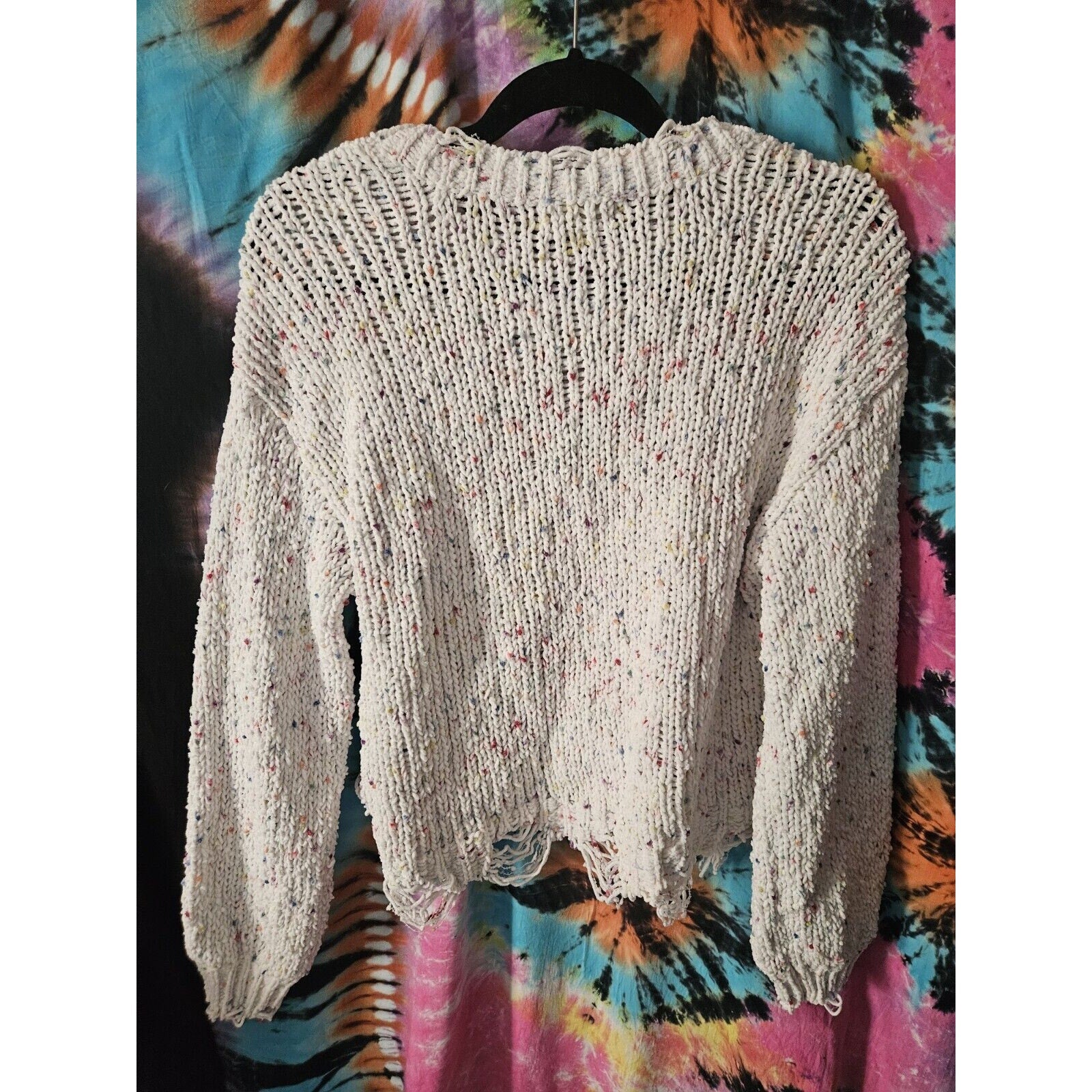 It's Our Time White Confetti Distressed Crop Sweater Medium Soft Chunky Knit