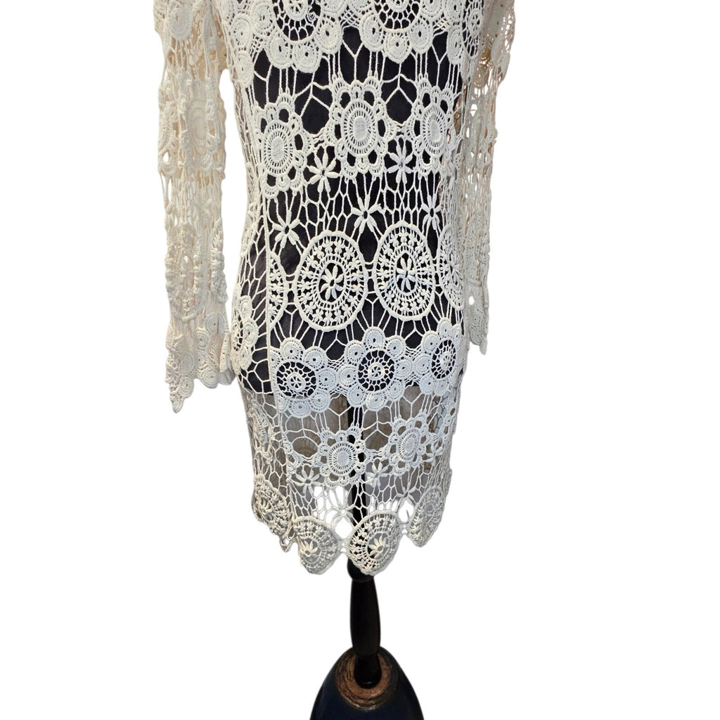 Y2K Open Knit Crochet Lace Mini Dress Cream Bohemian Beach Hippie Festival Small