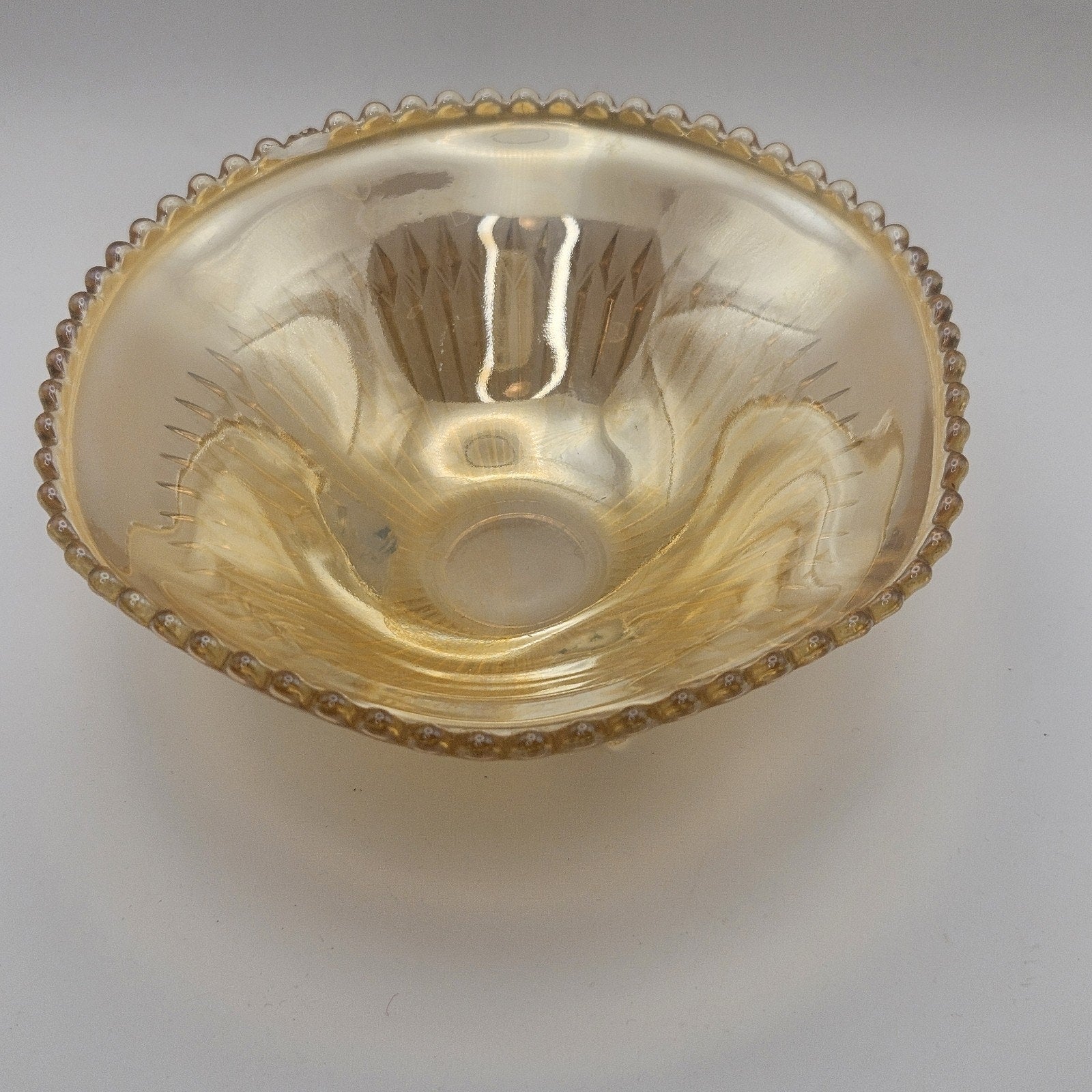 Vtg Carnival Glass Candy Dish Amber Three Footed Beaded Rim Diamond Pointed Ribs