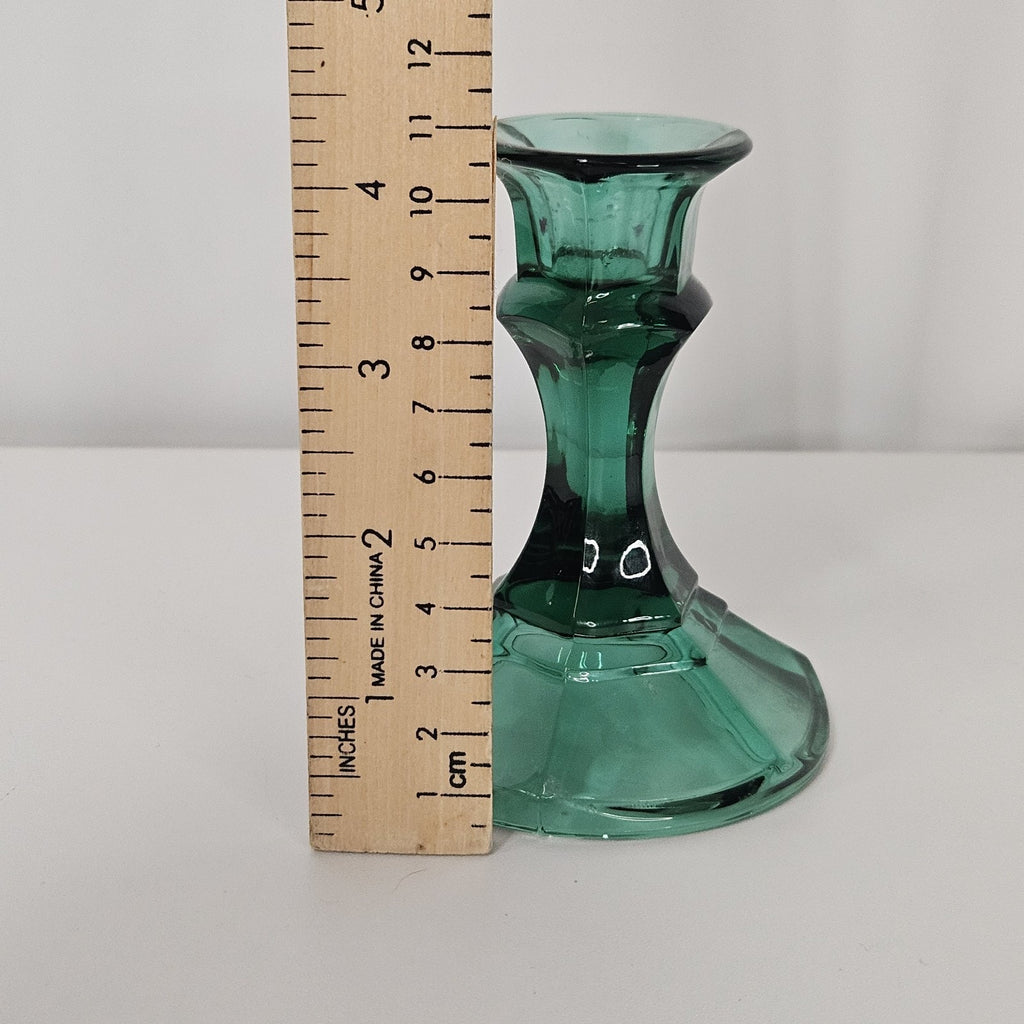 Vintage Indiana Glass Green Candlestick Holders 4.25" Pair Mid-Century Holiday