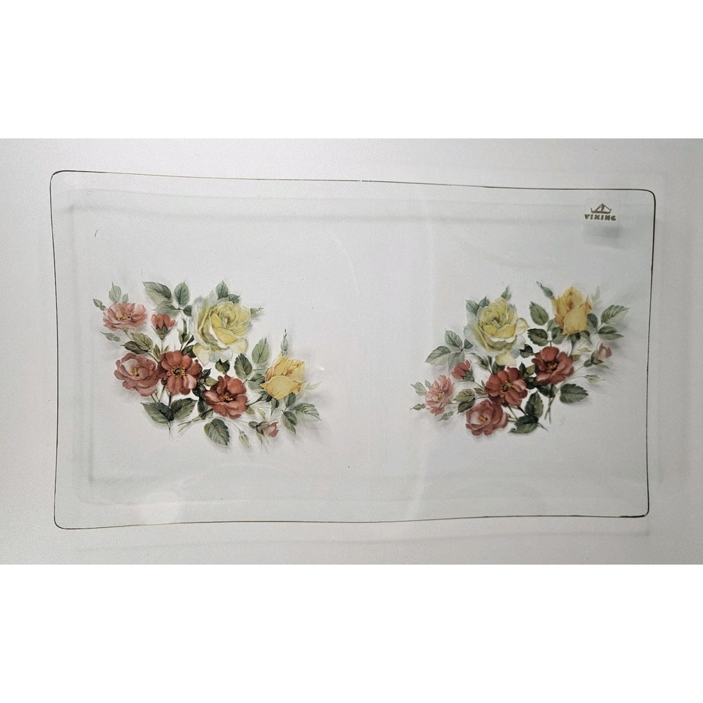 Vintage Viking Glass Hand-Painted Floral Serving Platter Tray Mid-Century Modern