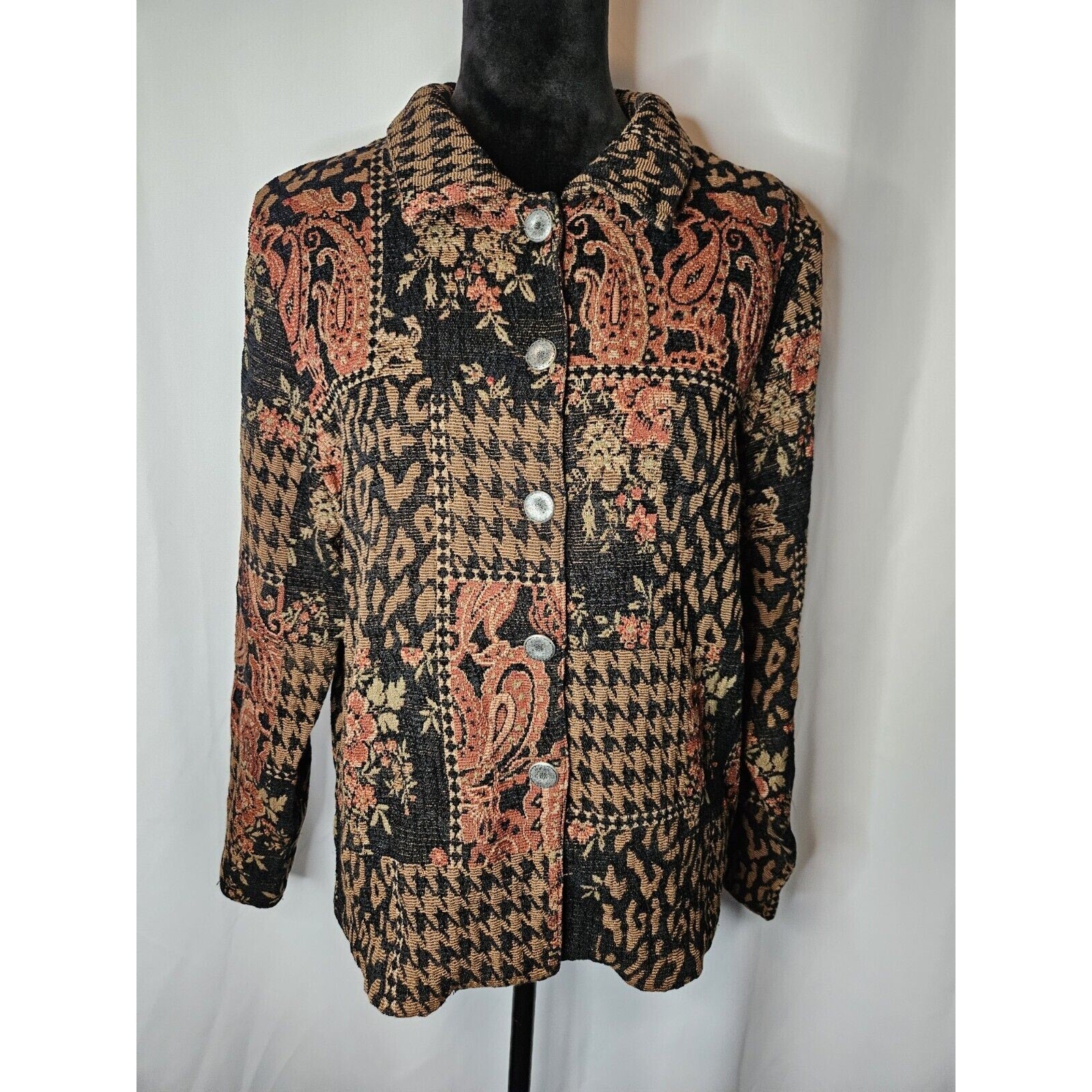 Vintage DAVID PAUL Womens Jacket Black Floral Size Large Patchwork Button Up