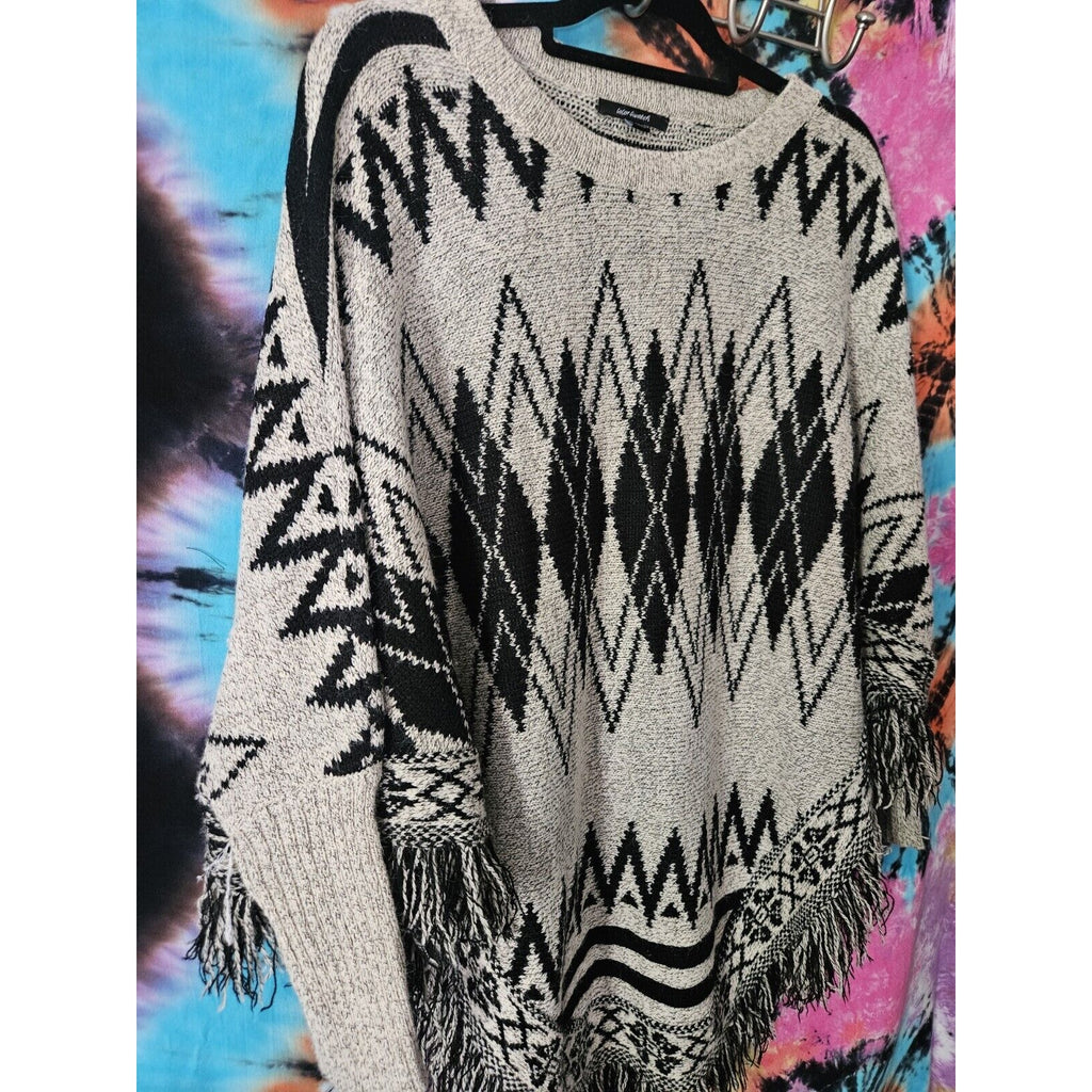 Color Swatch Black & Gray Colorful Fringe Poncho Sweater Women's S/M