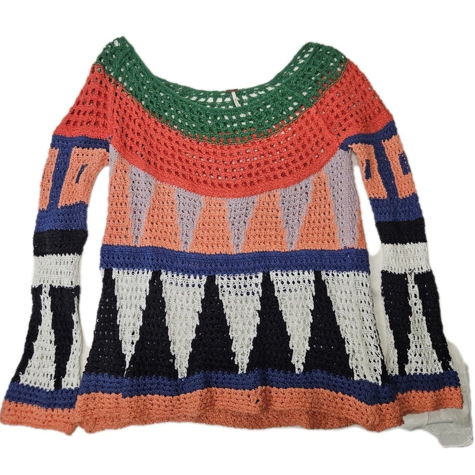 FREE PEOPLE Modern Art Geo Knit Sweater in Multi Combo Open Knit Size Small