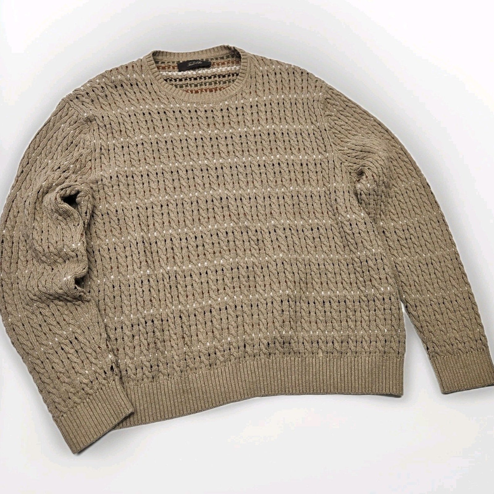 Vtg 100% Cotton Knit Pull Over Sweater Unisex XL Tan Minimalist Preppy Grandpa