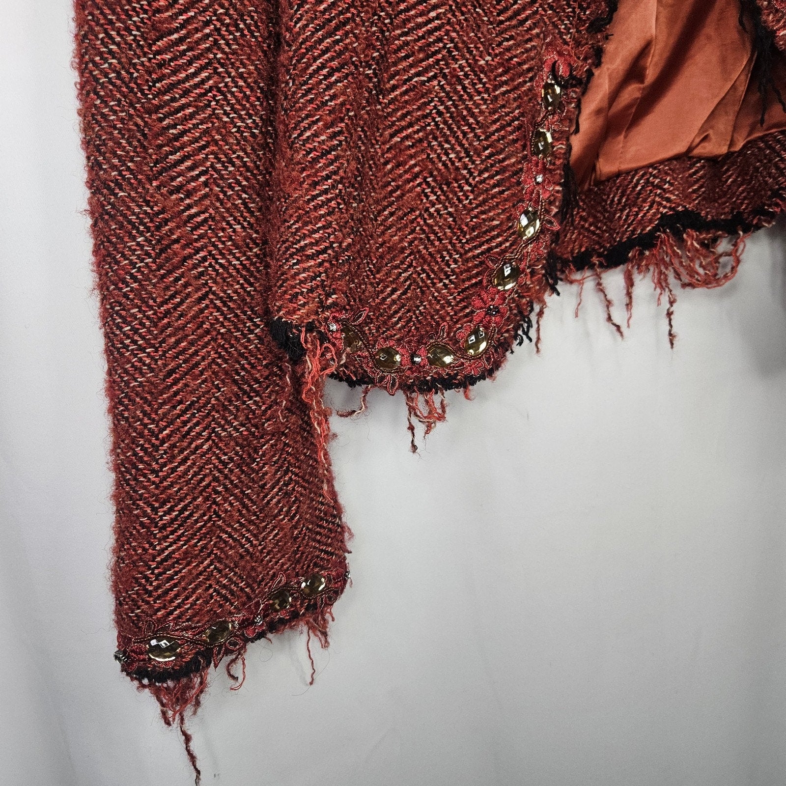 Vtg Y2K Funkyard Fabulous Till End Maroon Embellished Tweed Jacket Medium Wool B