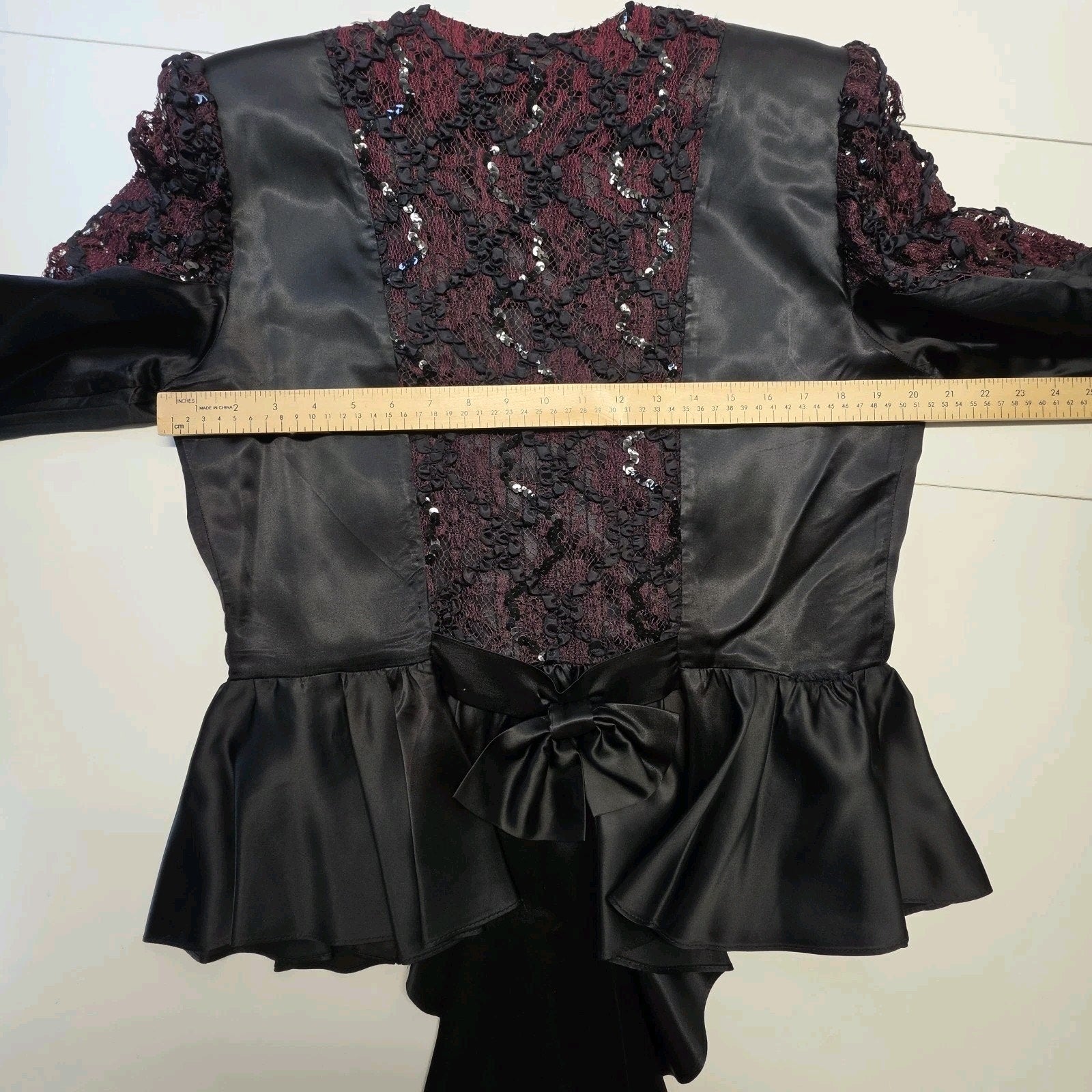 Vintage 1980s Skirt Suit Black Satin Peplum Jacket Blazer Embellished Lace Sz 14