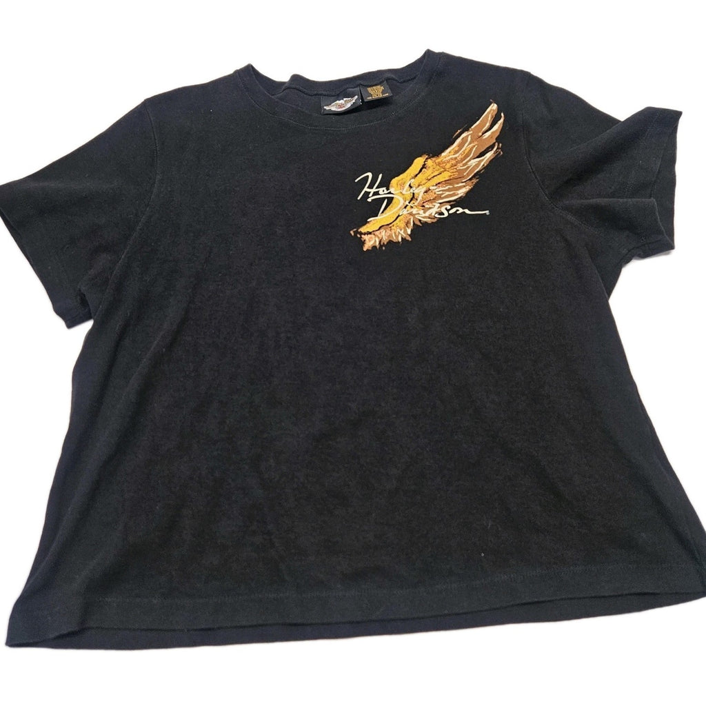 Vtg Y2K Harley Davidson Angel Wing Emblem Black Crop Top T Shirt Plus Size 2X
