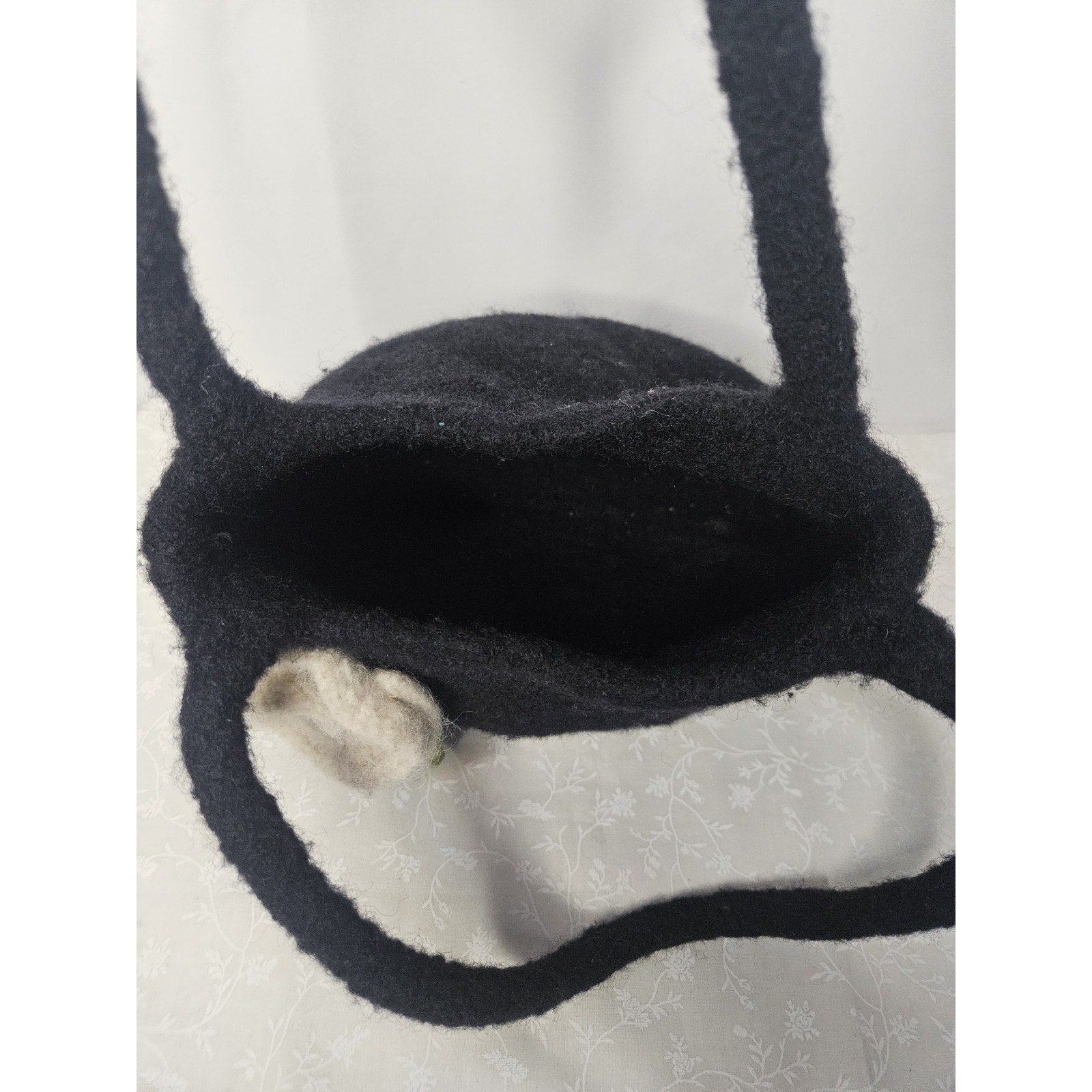Vintage Wool Tote Bag Black w White Flower Accent Cottage Handbag Grannycore