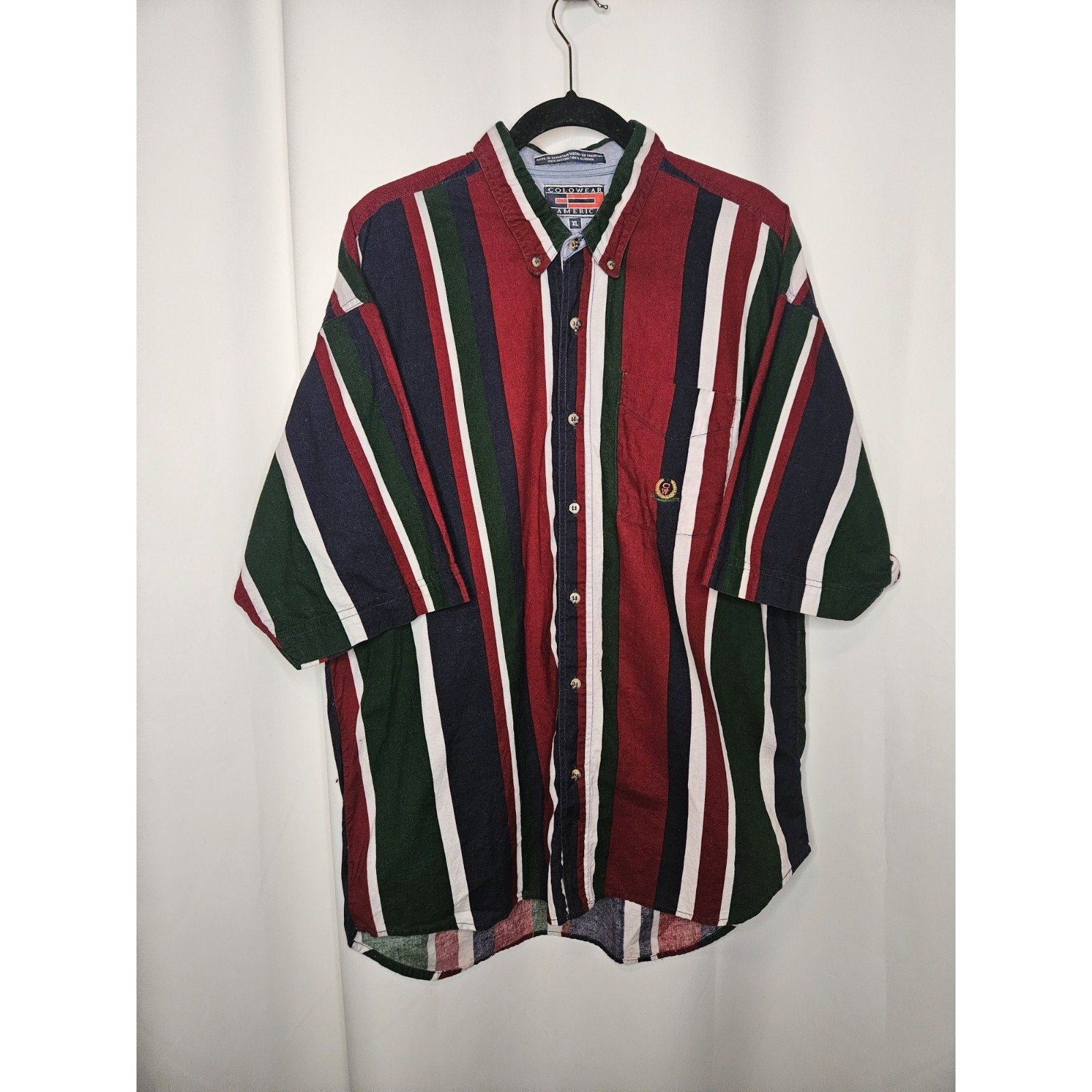 Colorwear America Button Up Shirt Adult Green Red White Stripped Short Sleeve XL