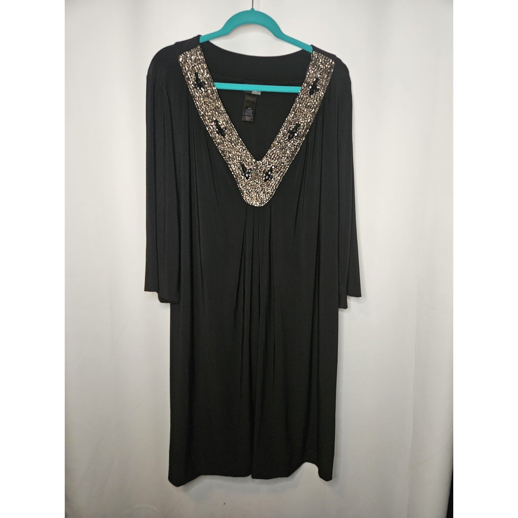 Bisou Bisou Woman Dress 24W Black Beaded Long-sleeve V Neck Pullover Party Dress
