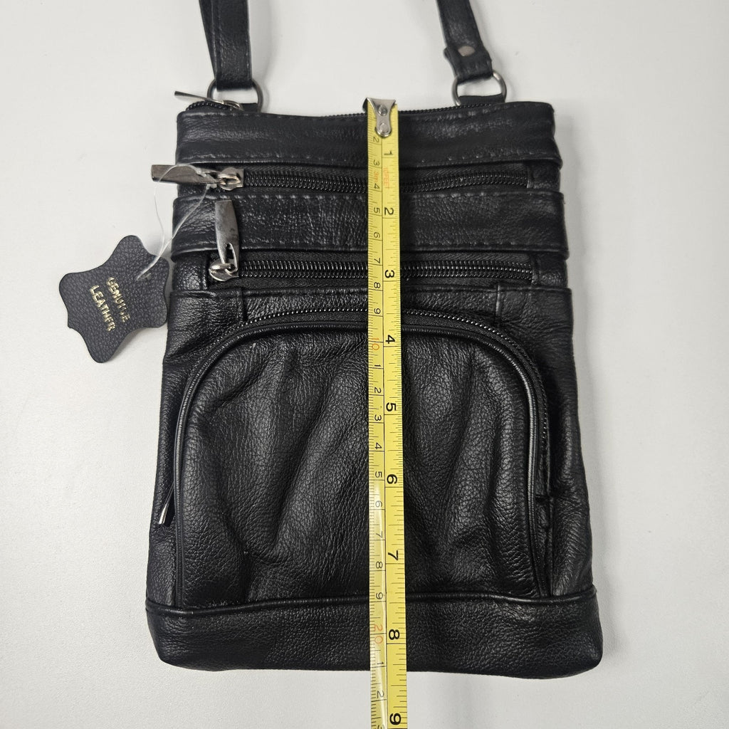 Vtg Genuine Leather Small Crossbody Multi-Compartment Organizer Bag Black 8x6"