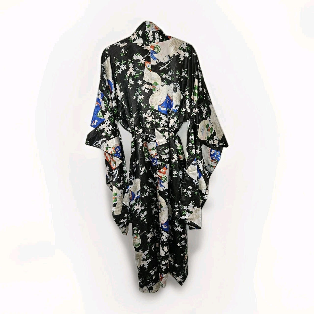 Vintage 80s Bo Er Xiu Pin Black and White Satin Geisha Print Kimono Robe