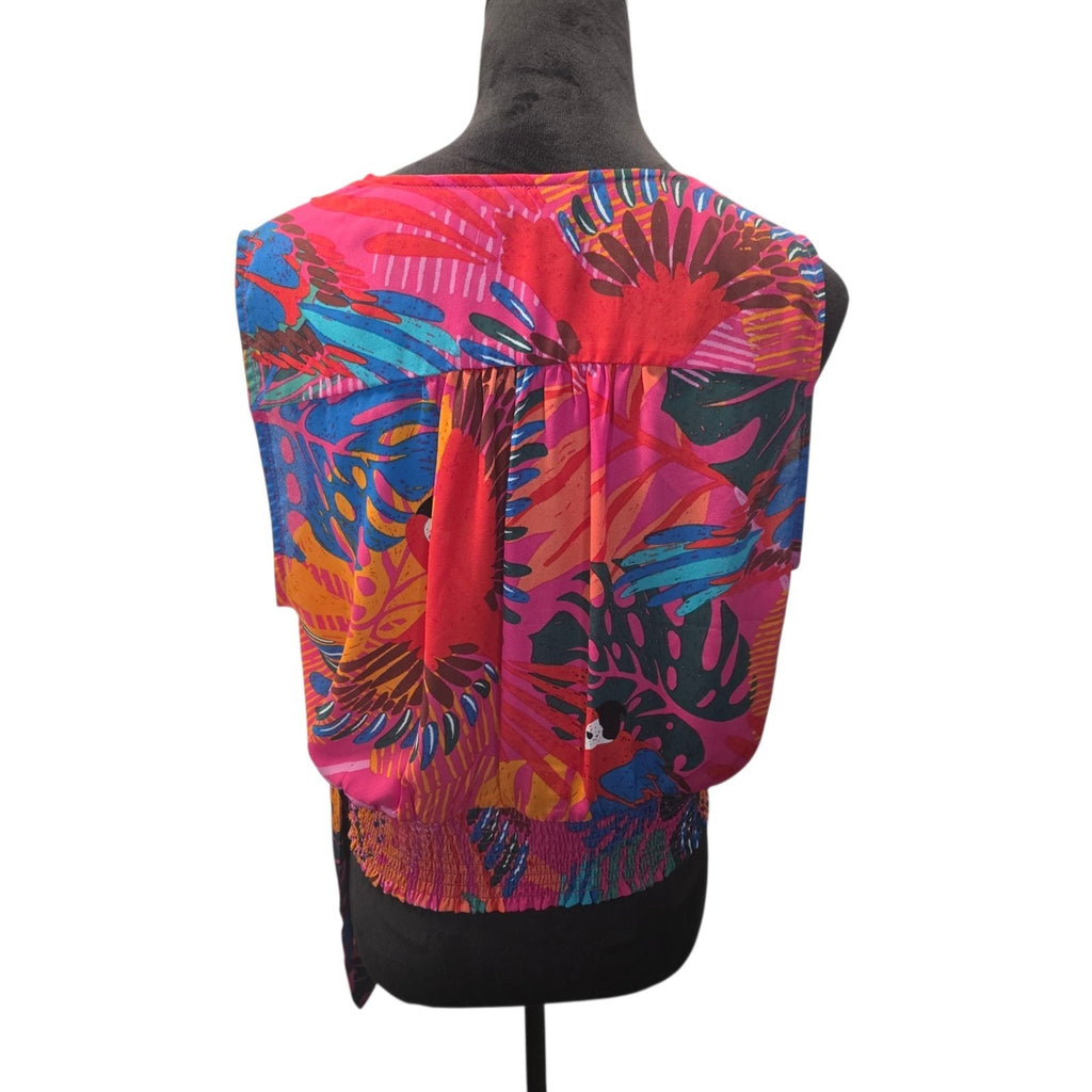 Joie Tropical Print Button and Tie Front Cropped Puff Sleeve Blouse Sz L Resort