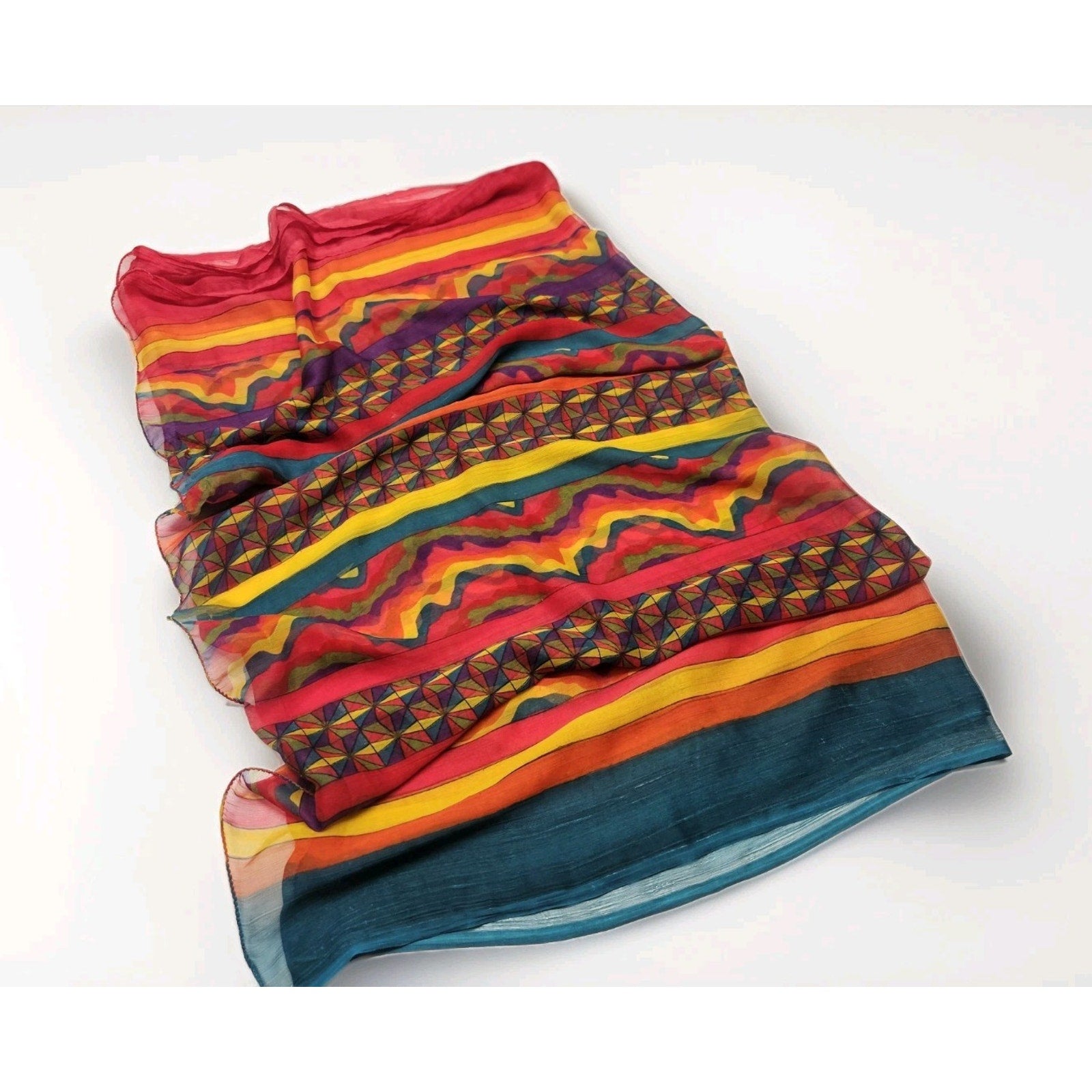Vintage Poly Silk Chiffon Scarf Bright Multi Color Festival Psychedelic